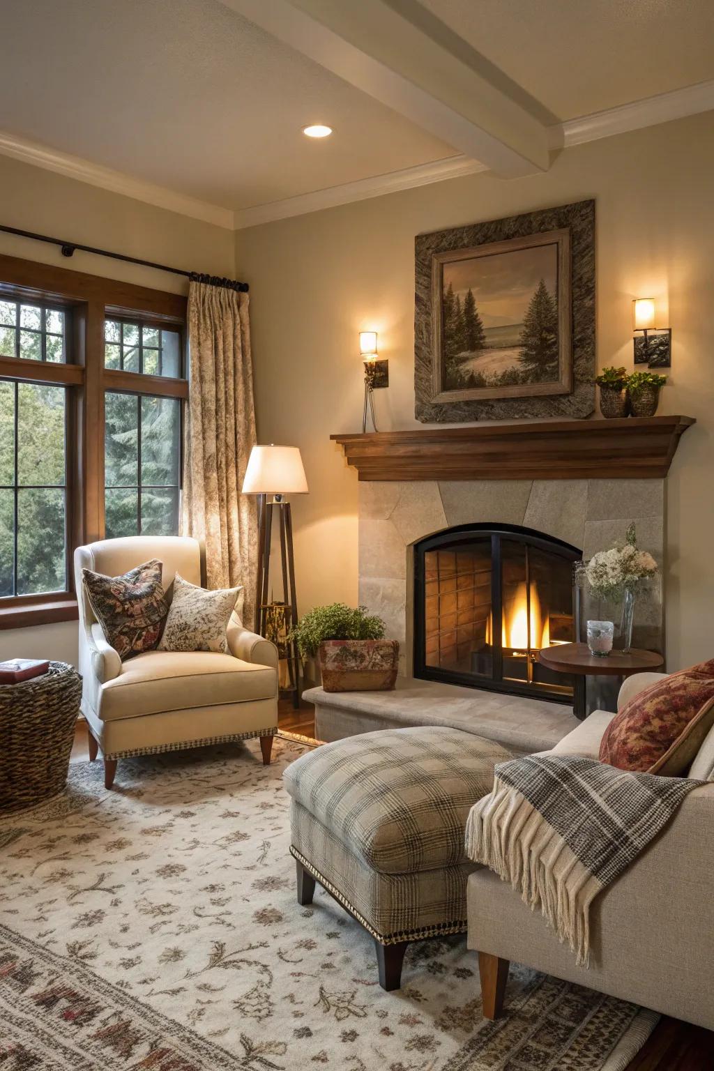 An inviting nook anchored by a fireplace, ideal for relaxation.