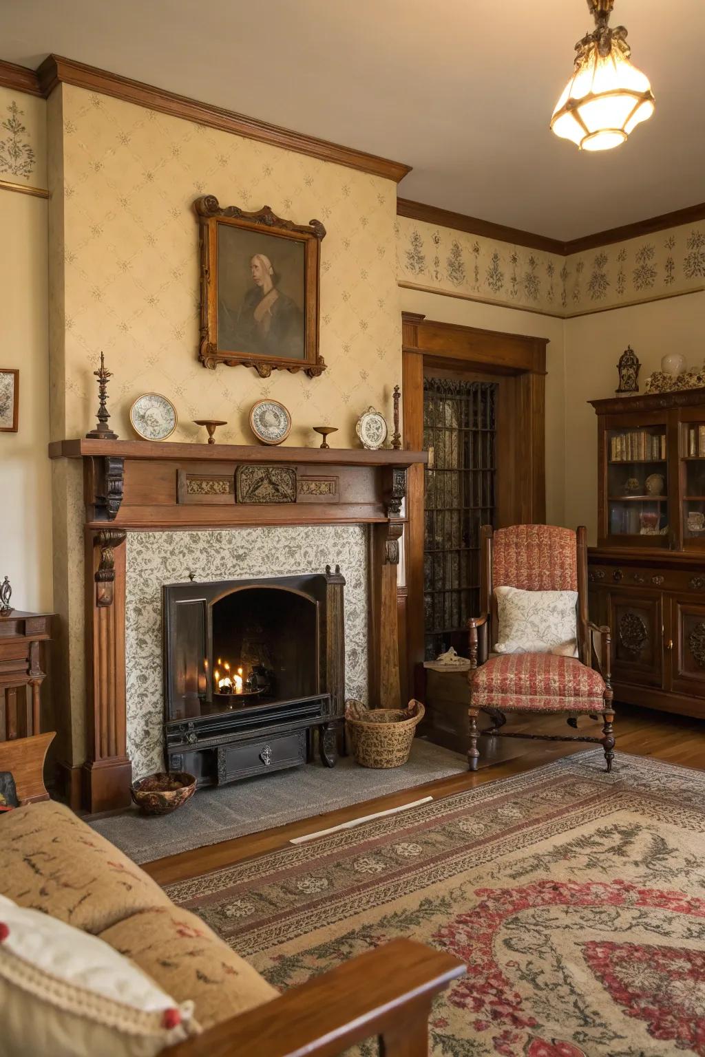 A living room that celebrates historic allure by showcasing a vintage fireplace.