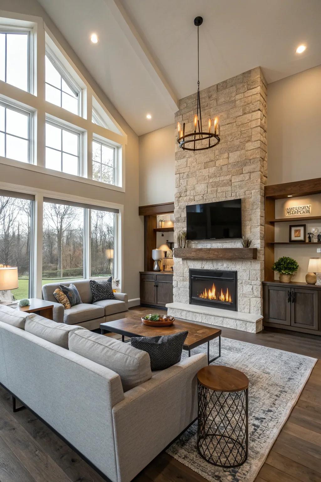 A living room featuring free-flowing furnishings that center around the fireplace.