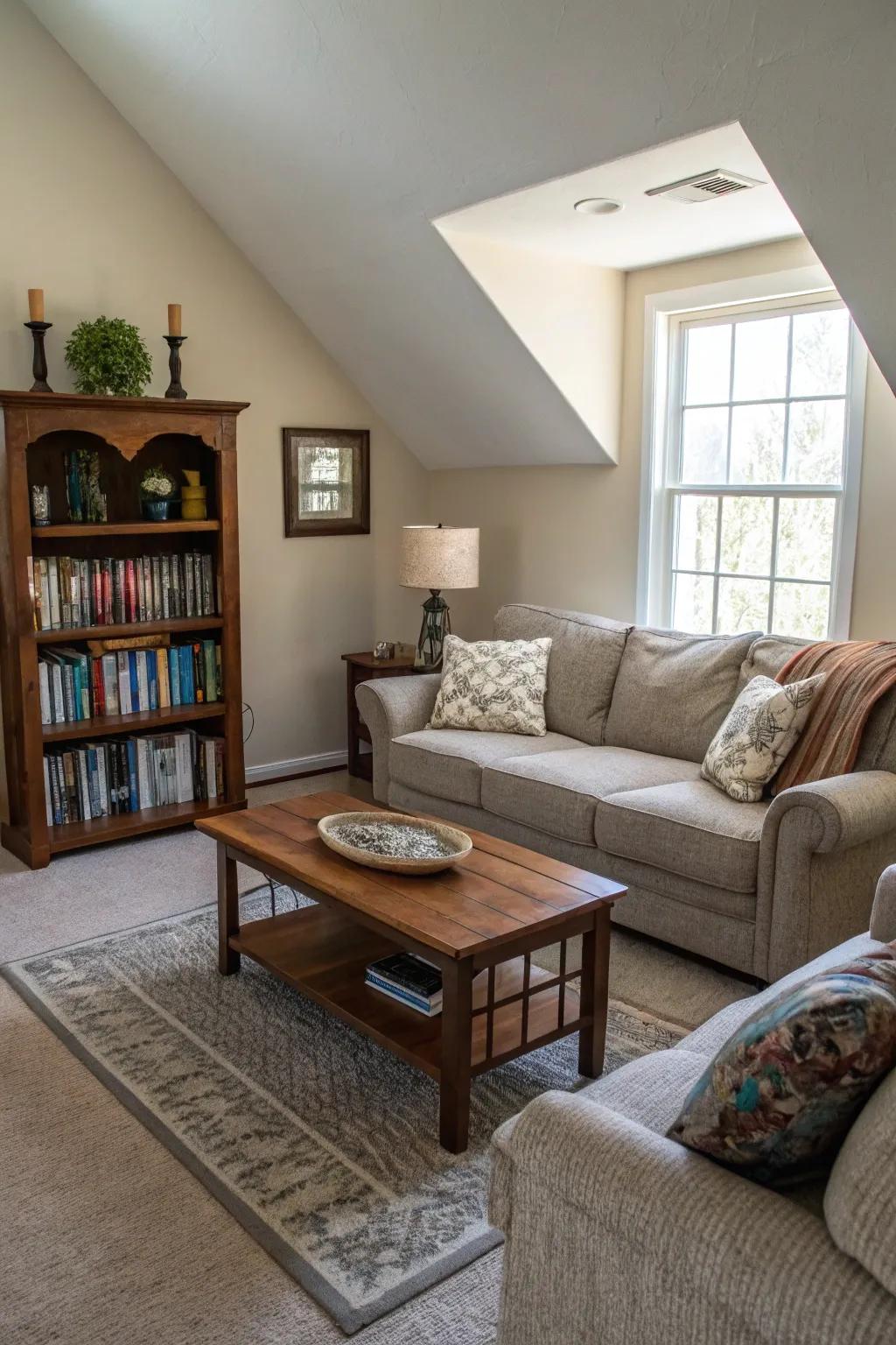 Angled furniture adds intrigue and improves flow.