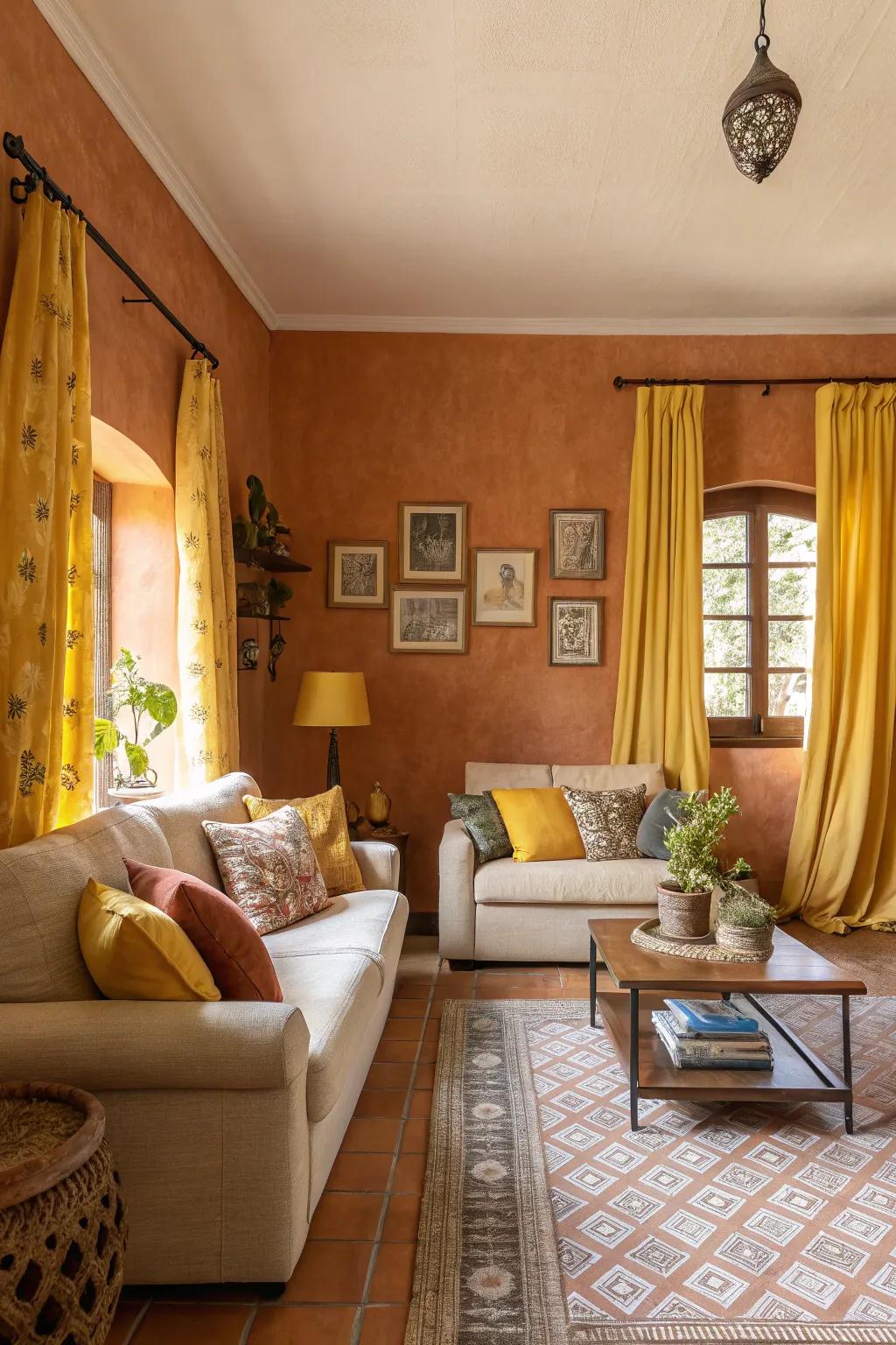 Earthy, warm tones create a cozy and inviting living area atmosphere.