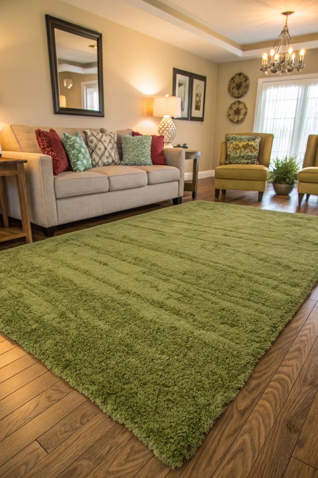 A green rug anchors your living space with comfort and style.