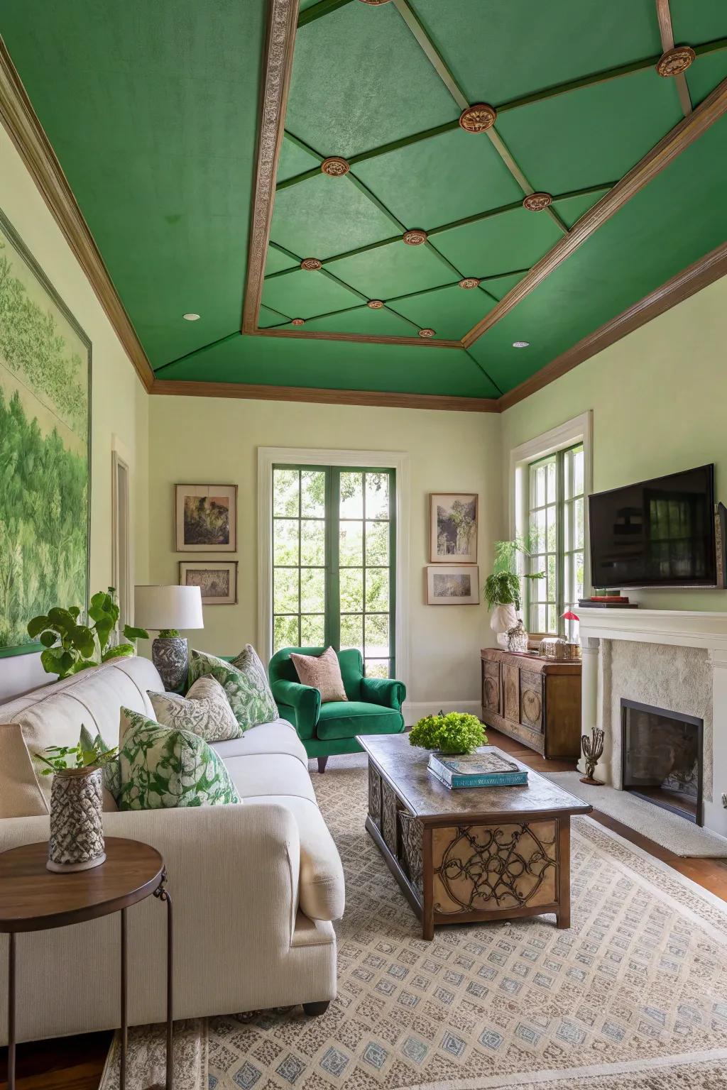 A green-painted ceiling presents a delightful surprise.
