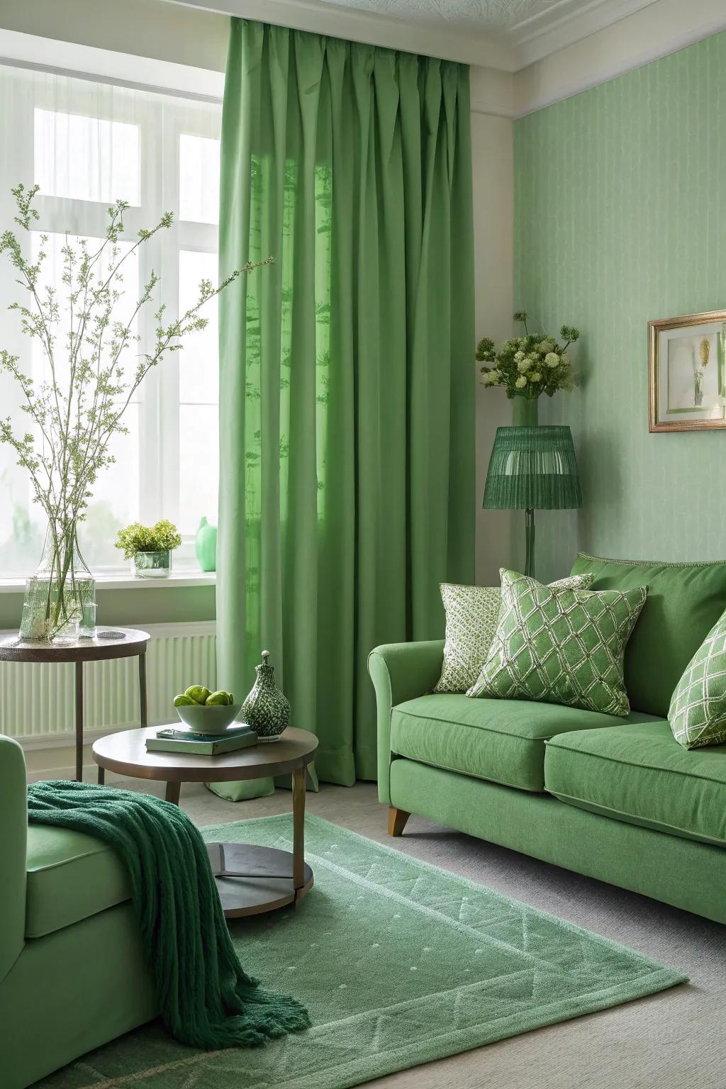 A monochromatic green aesthetic envelopes your area in serenity.