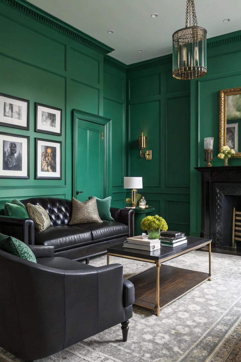Emerald and ebony combine to produce a daring, opulent mood.