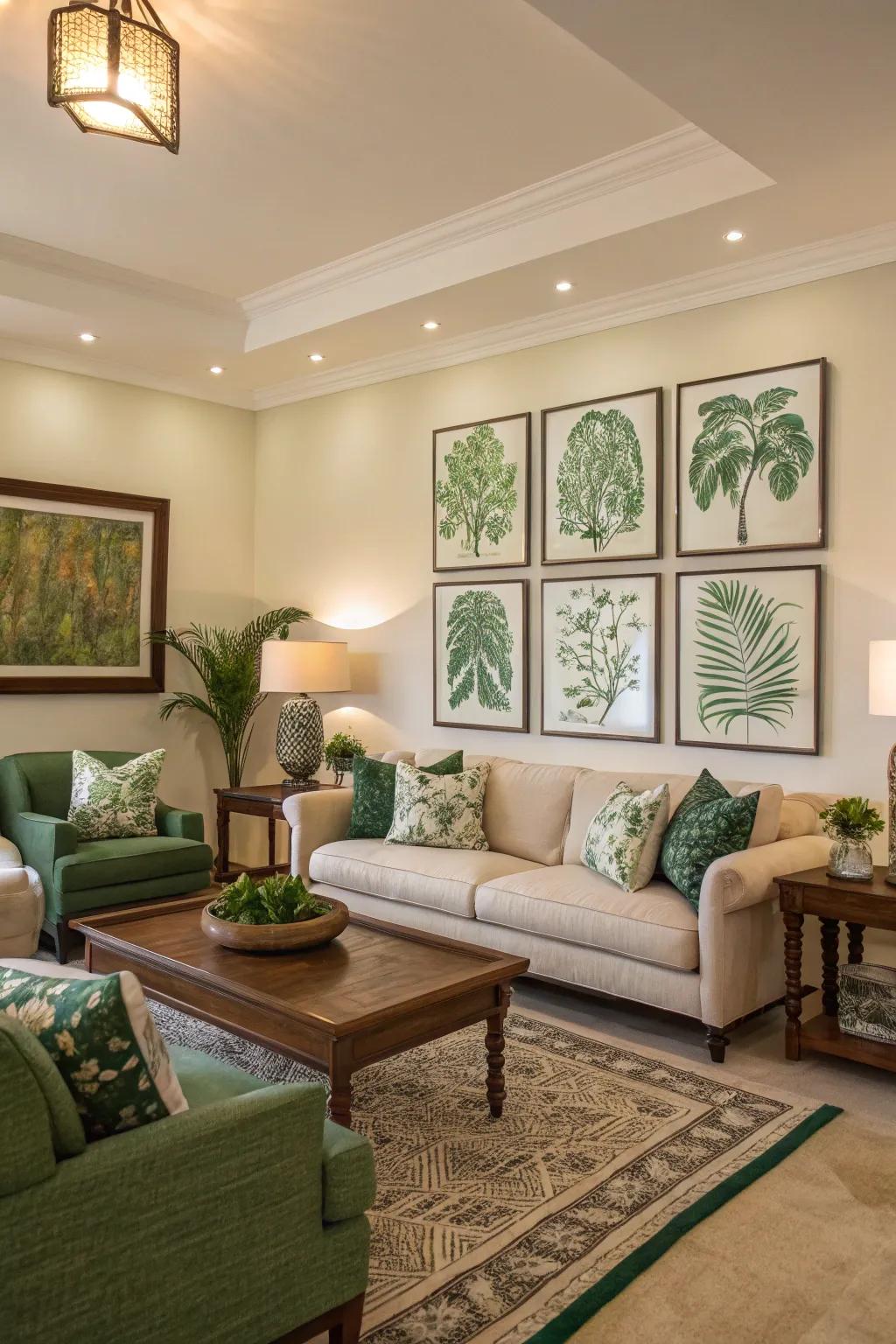 Artwork with green shades contributes richness and harmony.