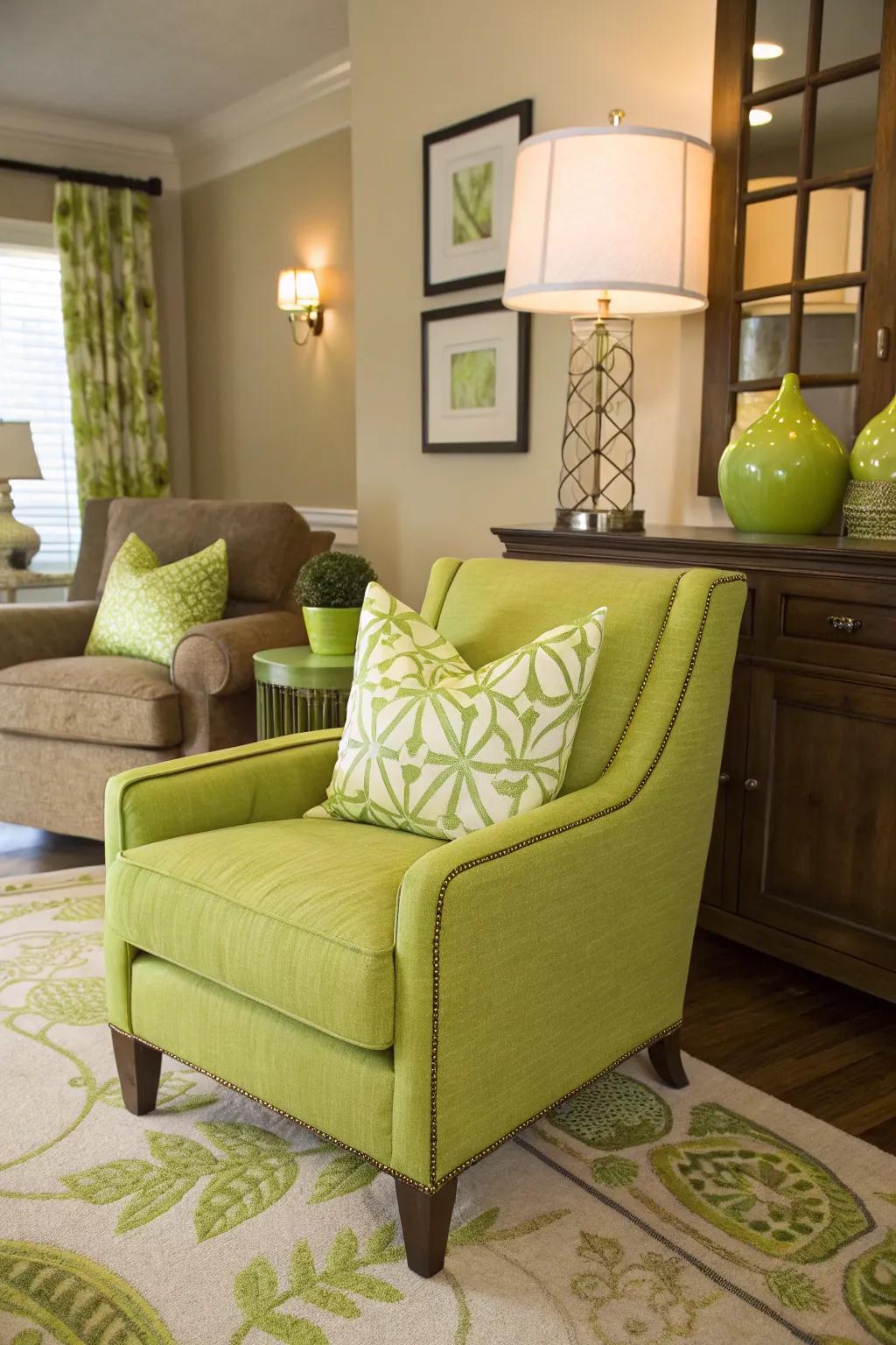 Lime green accents introduce a playful burst to your decor.