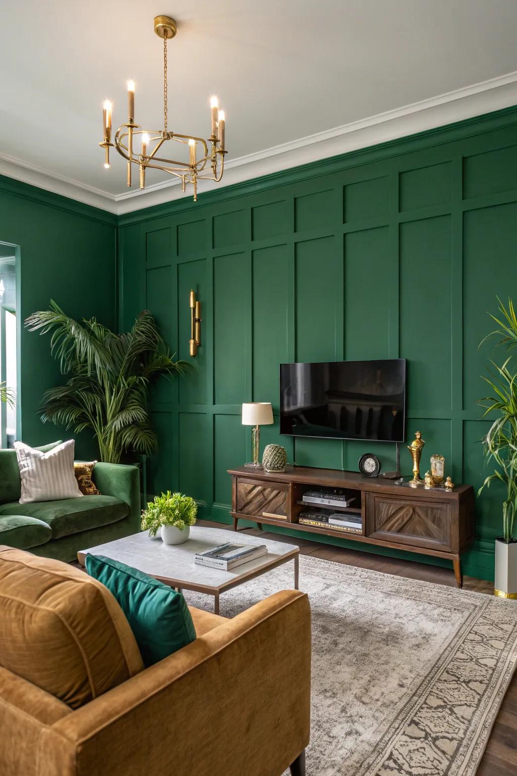 A striking green feature wall contributes drama and focus.