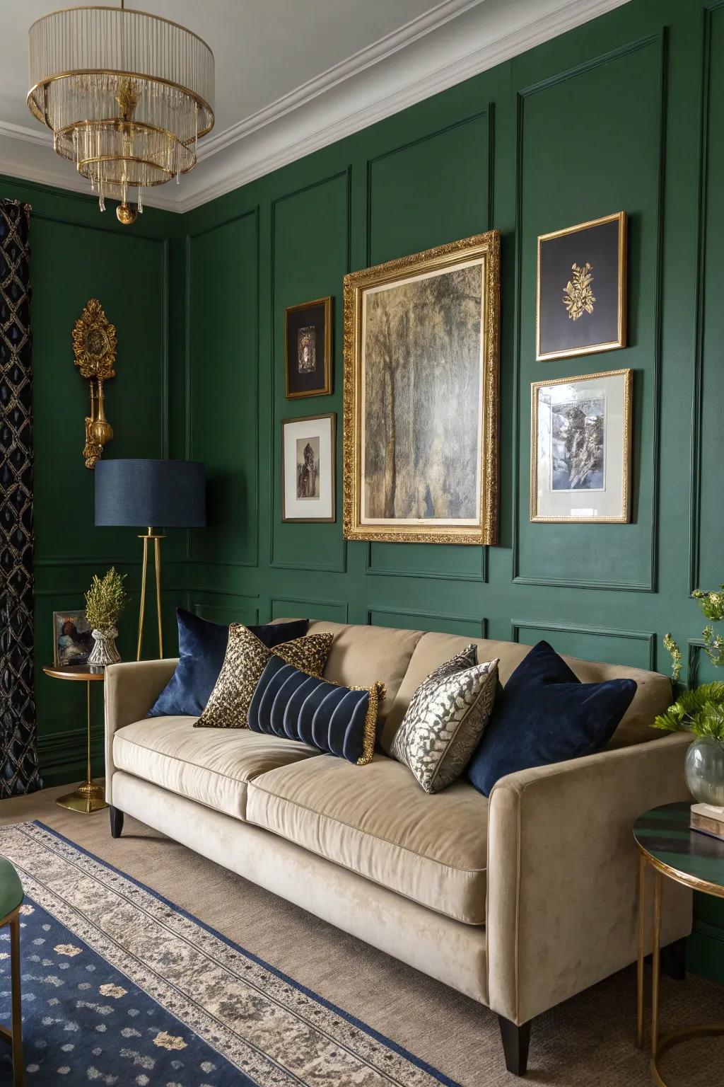 Contrasting hues introduce drama and sophistication to green decor.