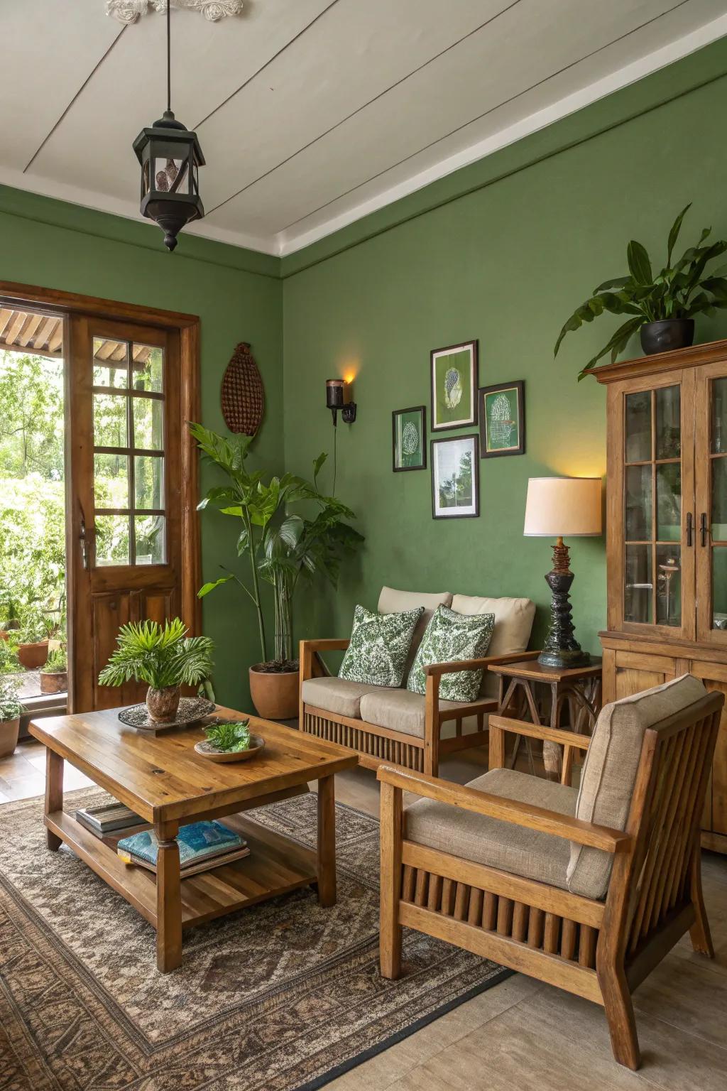 Native timber enhances coziness and complements green shades.