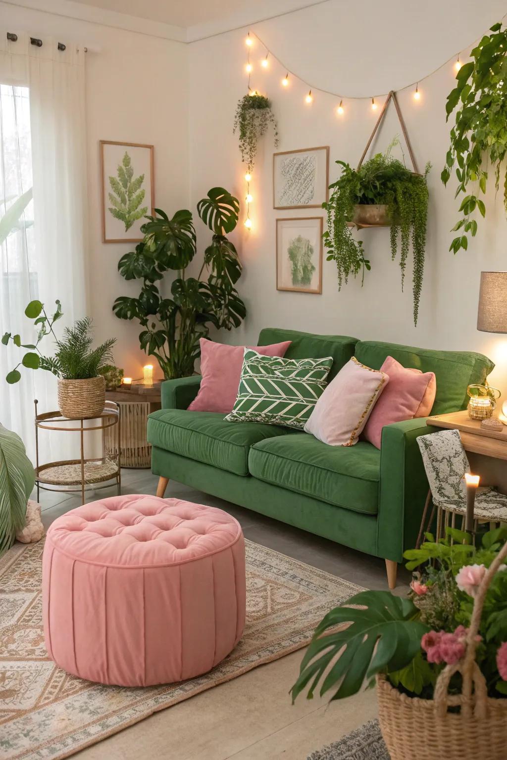 Green and pink in tandem fashion a vibrant, soothing equilibrium.