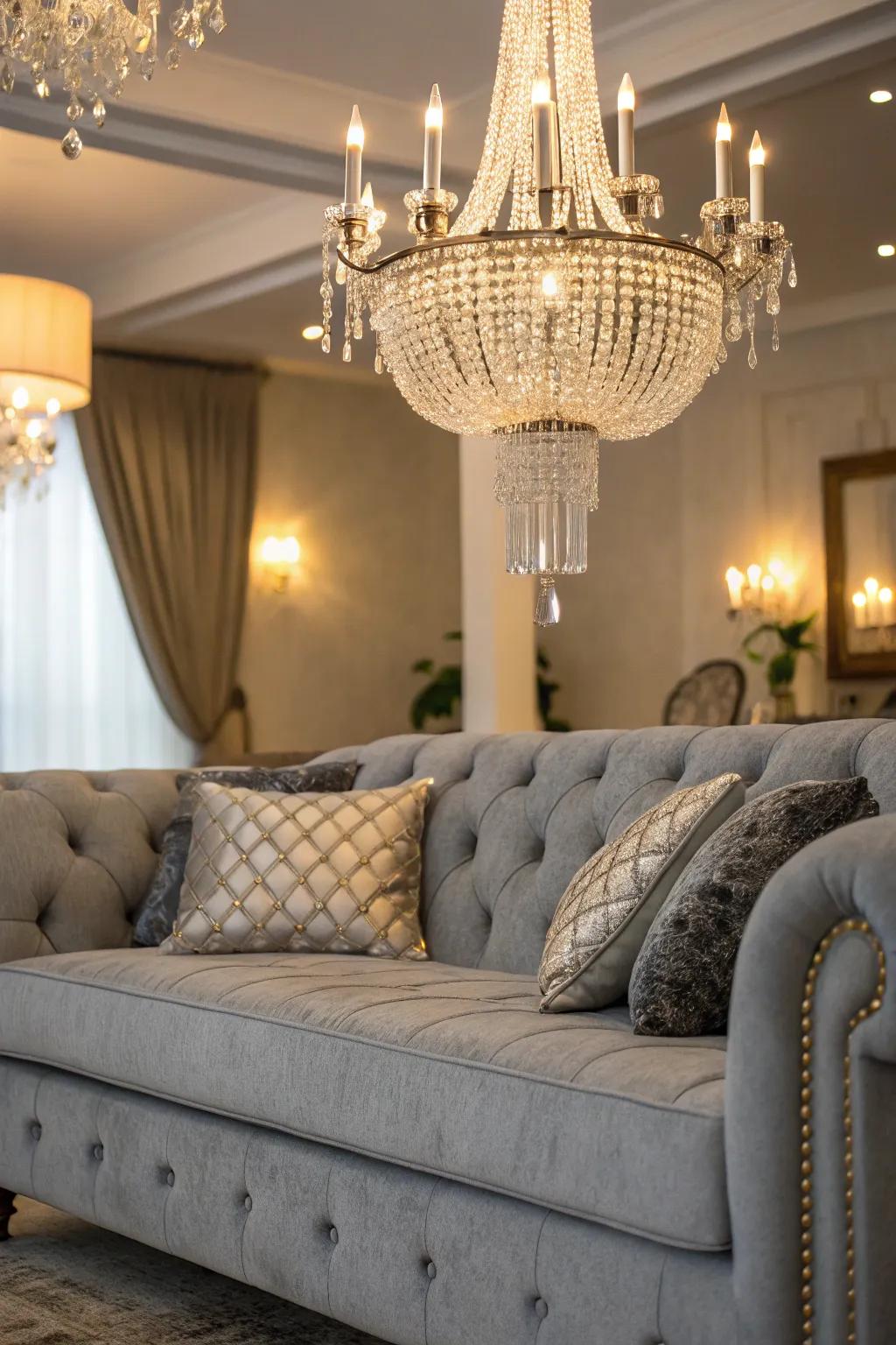 Glamorous accents elevate the elegance of a grey sofa.