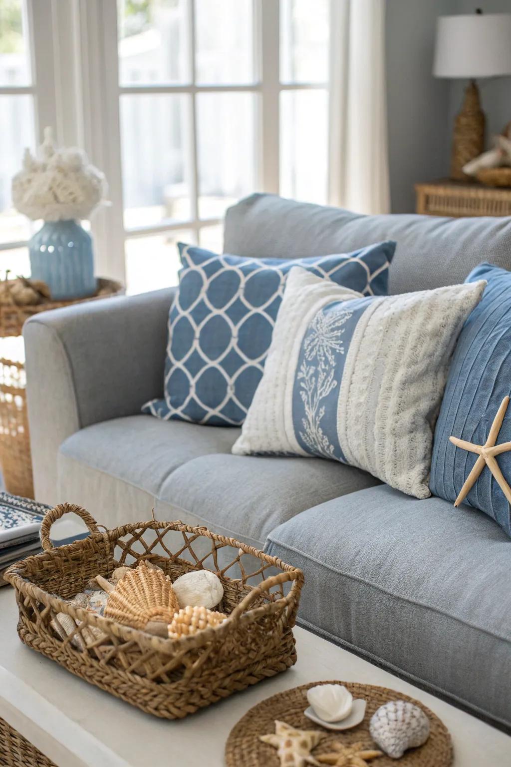 A grey sofa styled for a serene coastal vibe.