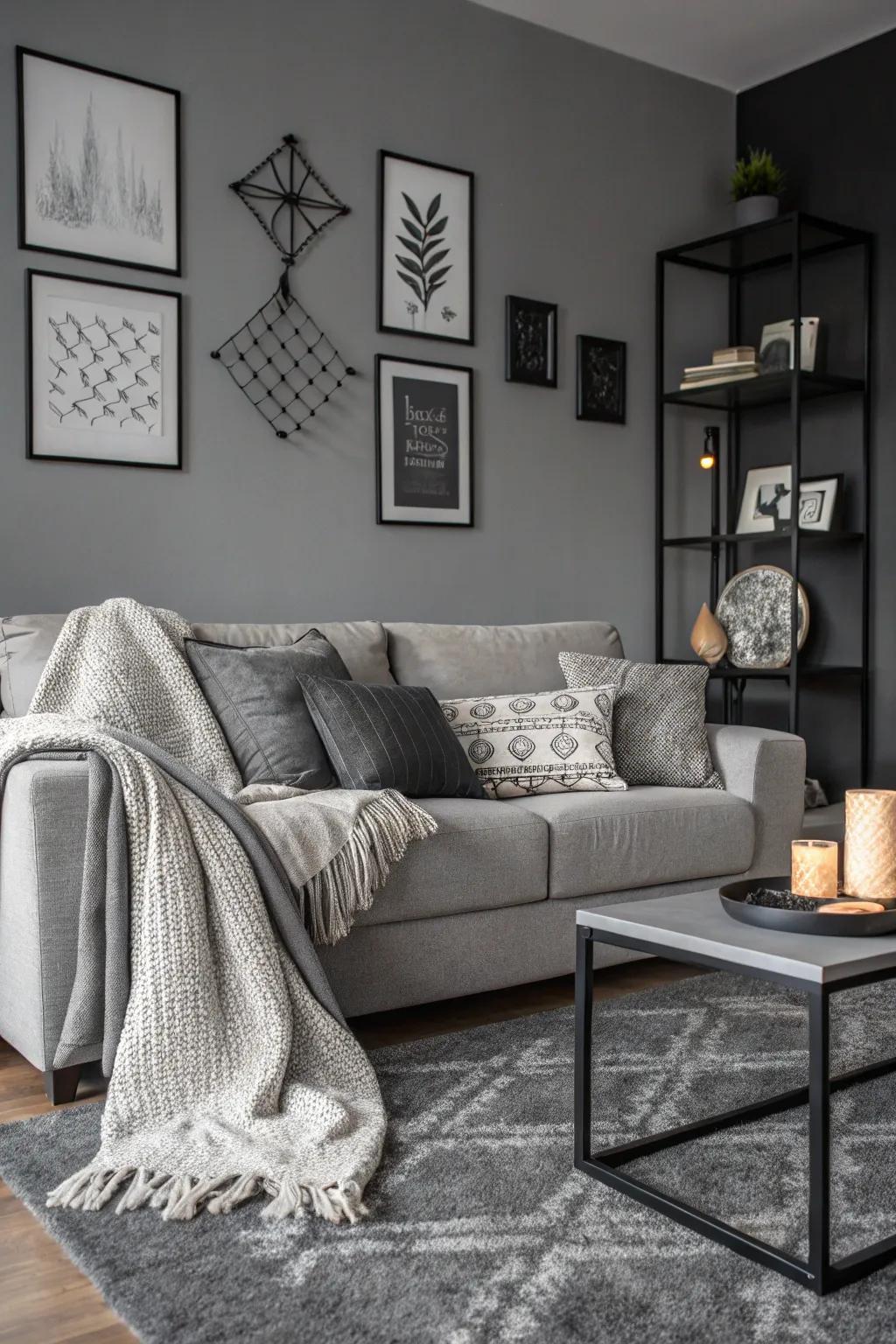 A chic monochromatic living room featuring a grey sofa.