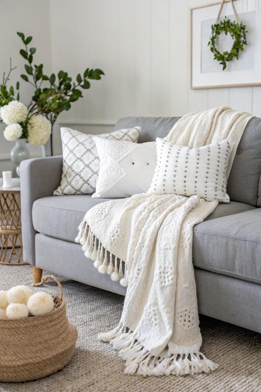 White elements brighten up a space featuring a grey sofa.