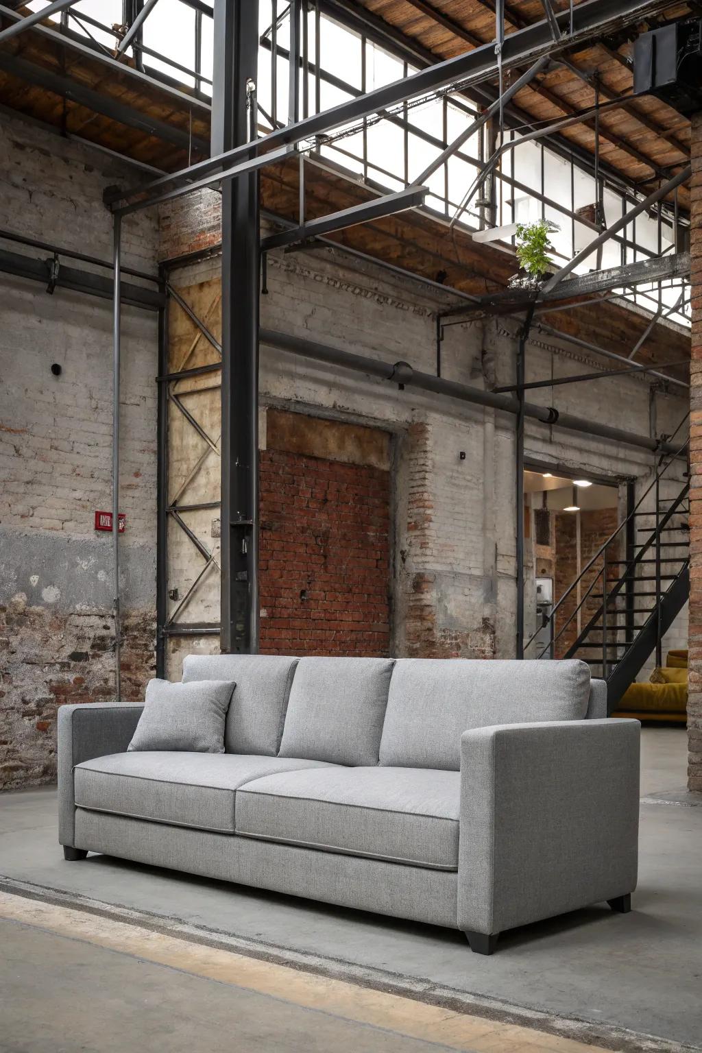 Industrial elements give a modern twist to a grey sofa.