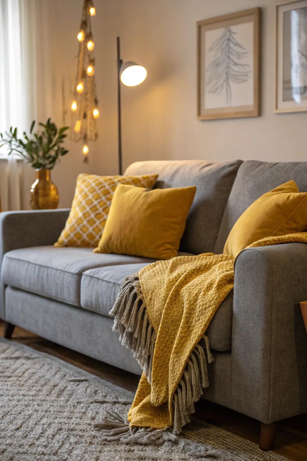 A grey sofa enlivened by golden-yellow highlights.