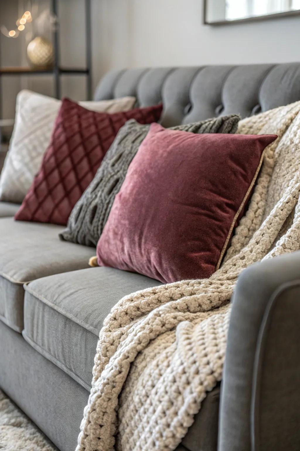 The variety of materials on a grey sofa creates a rich visual impact.