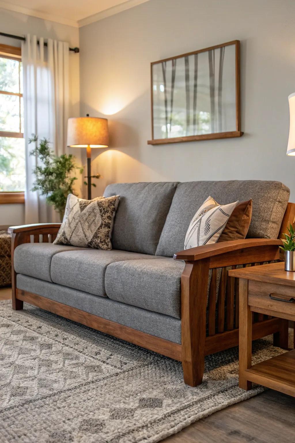 Warm wood tones complement the cool grey sofa.