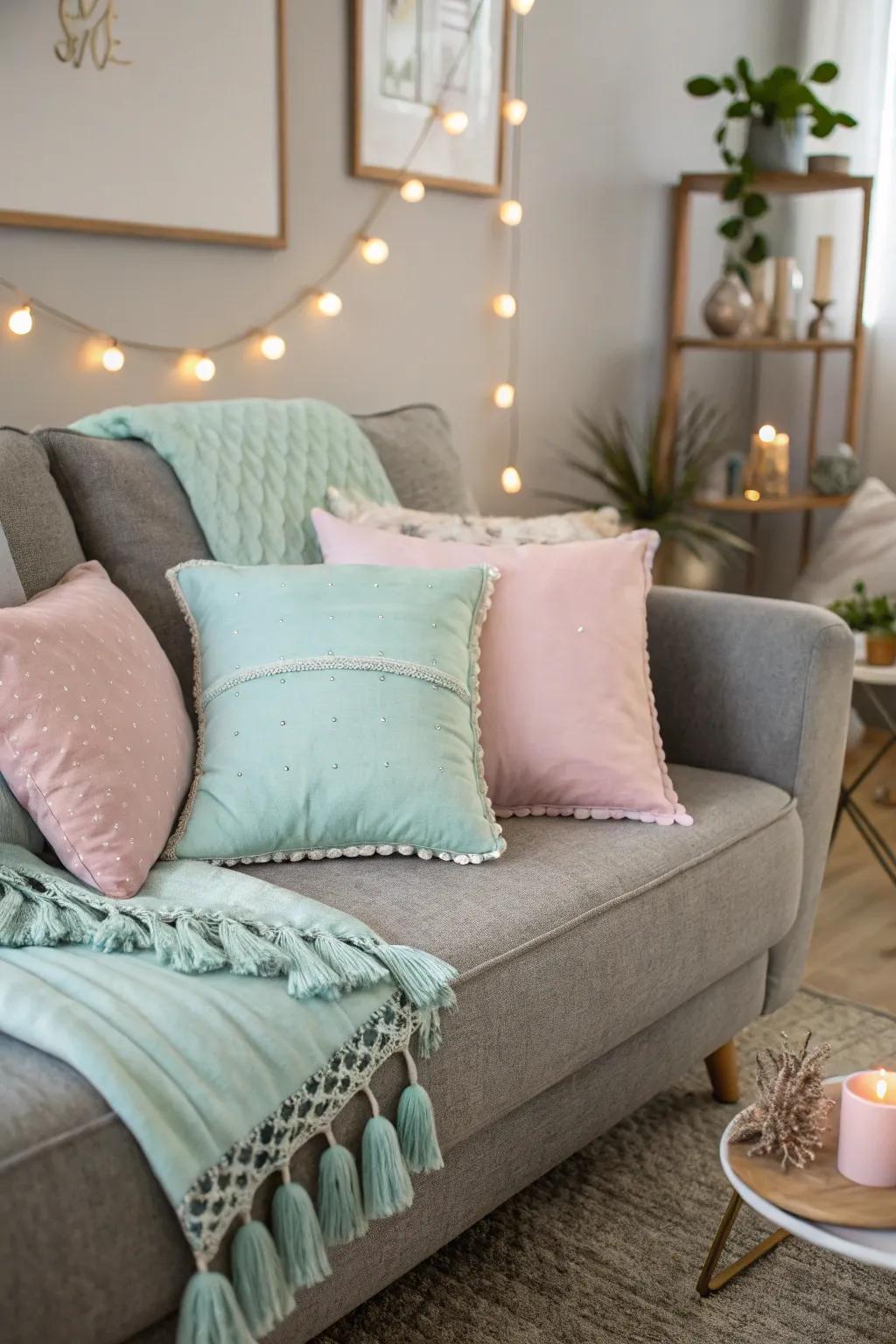 Delicate pastels create a calming atmosphere with a grey sofa.