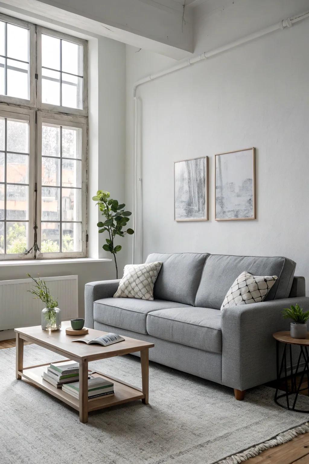 Understated decor enhances the elegance of a grey sofa.