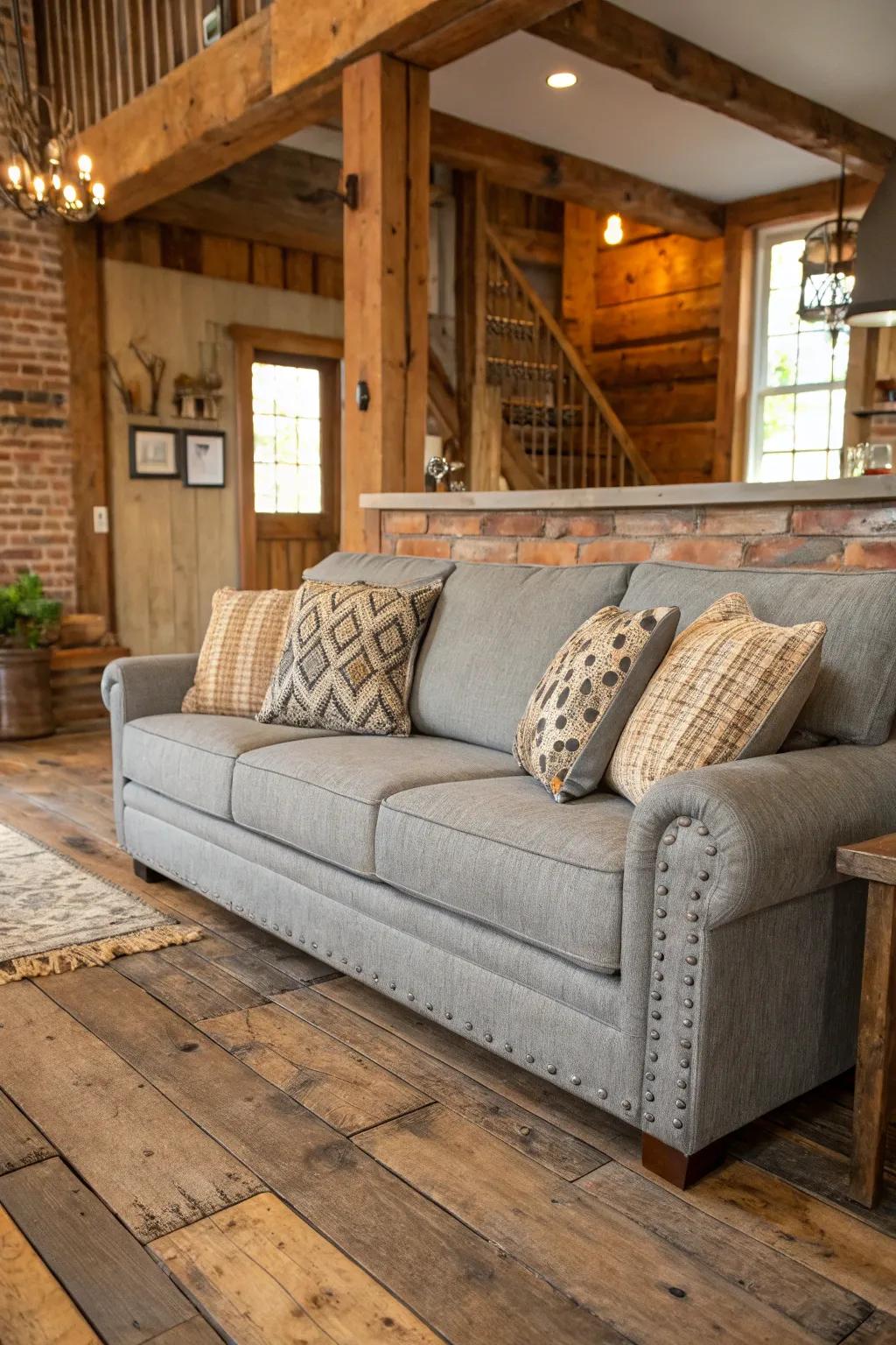 Earthy elements add charm to a grey sofa setting.