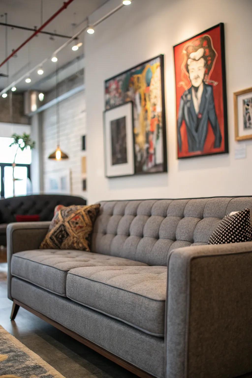 A striking artwork elevates the grey sofa setting.