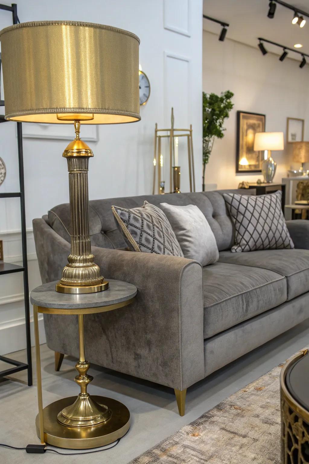 Grey sofa styled with exquisite metallic details.
