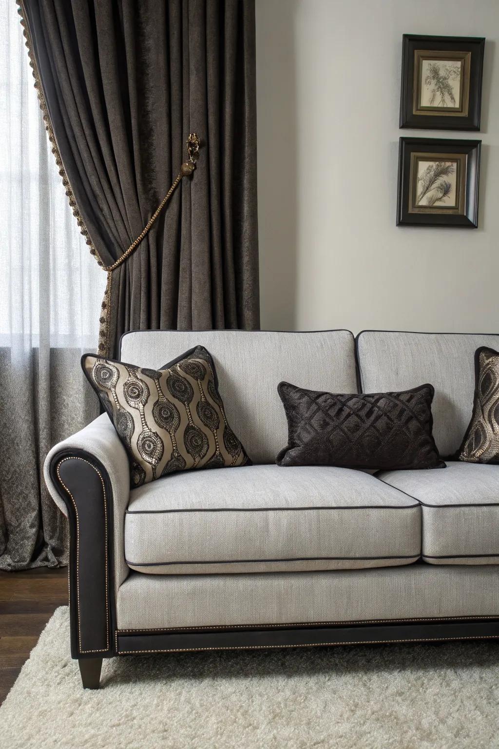 Dark highlights provide a striking contrast to a grey sofa.