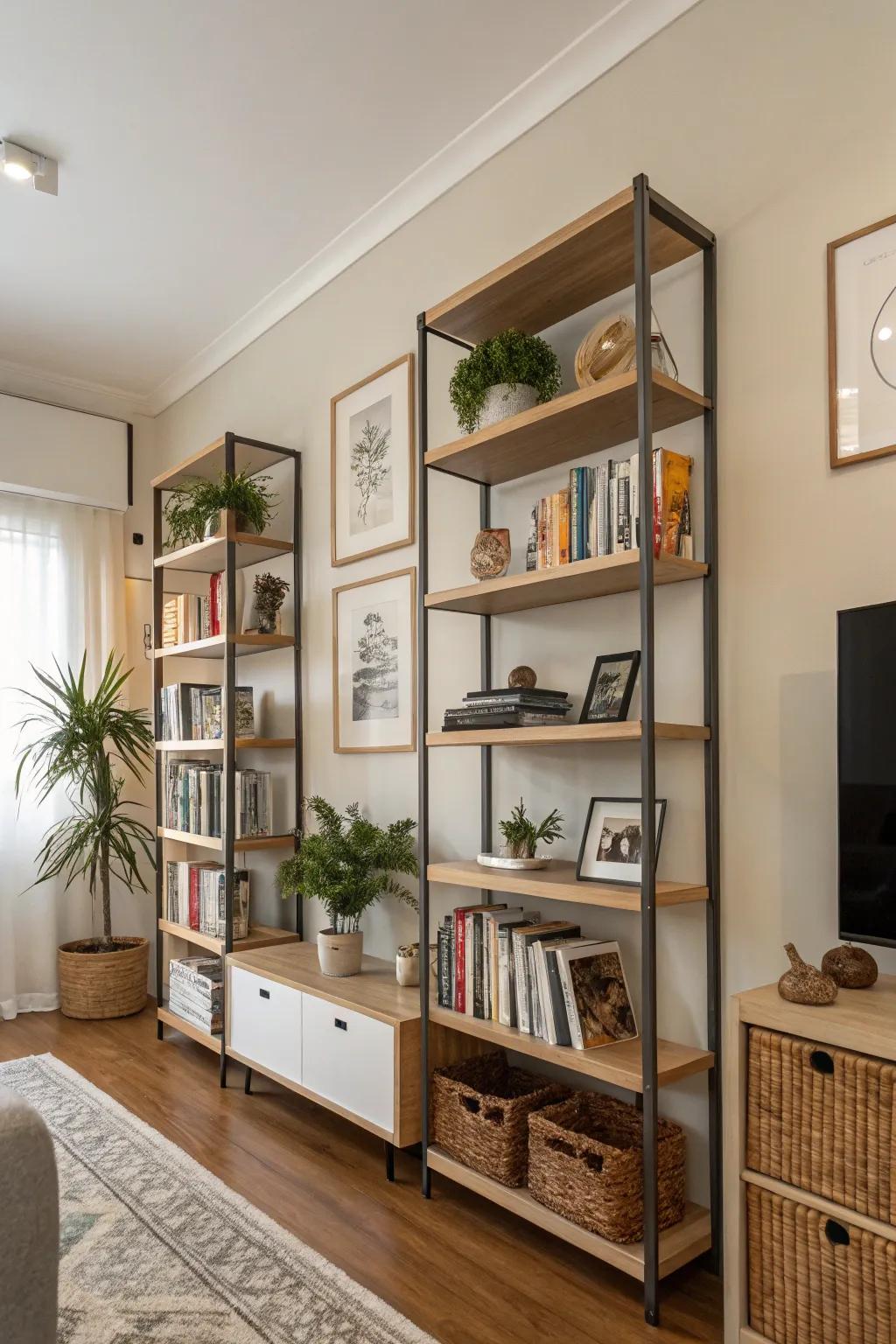 Tall shelves fully utilize vertical space, increasing storage and style.