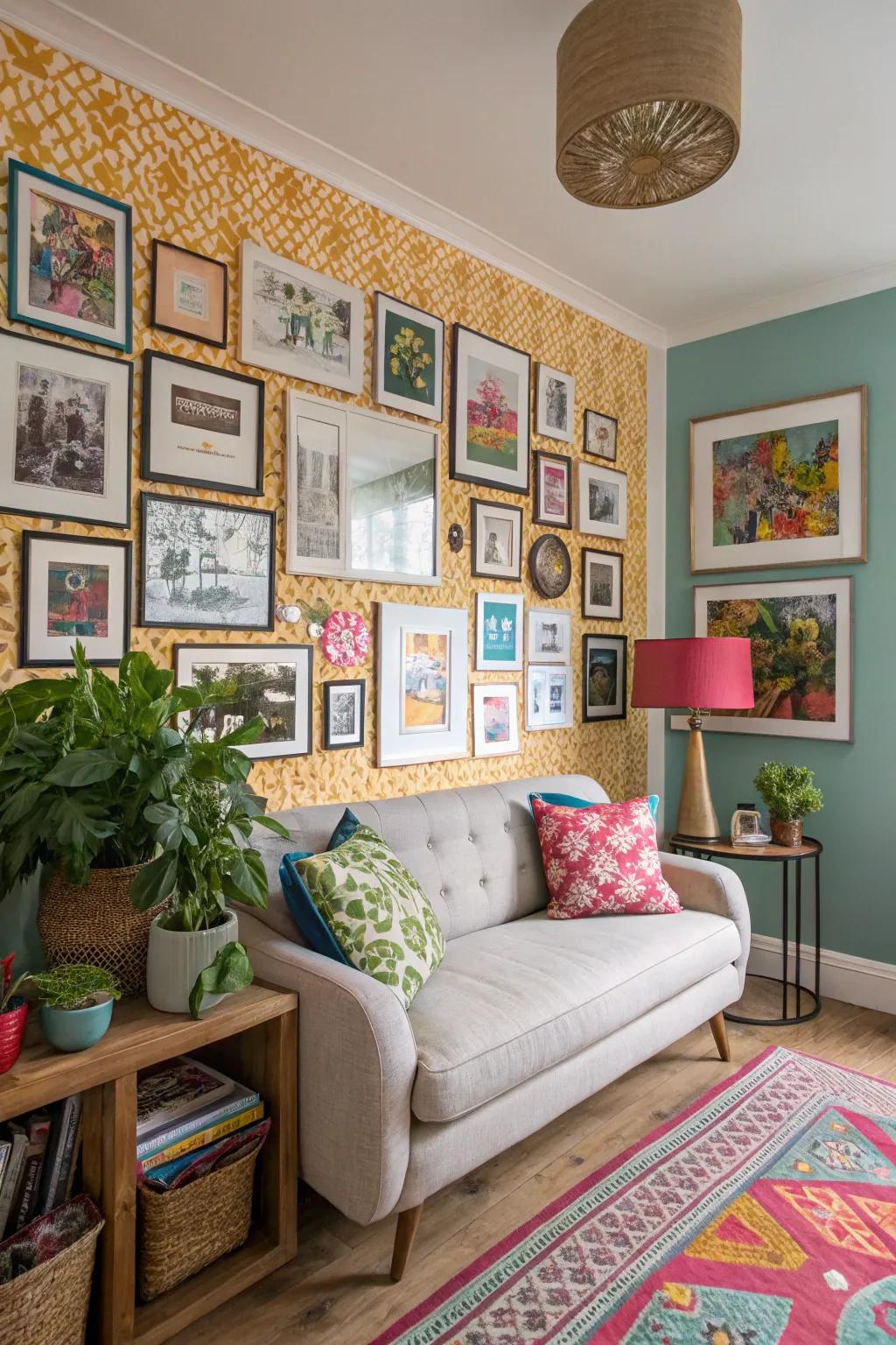 A gallery wall infuses this small living area with charm and color.