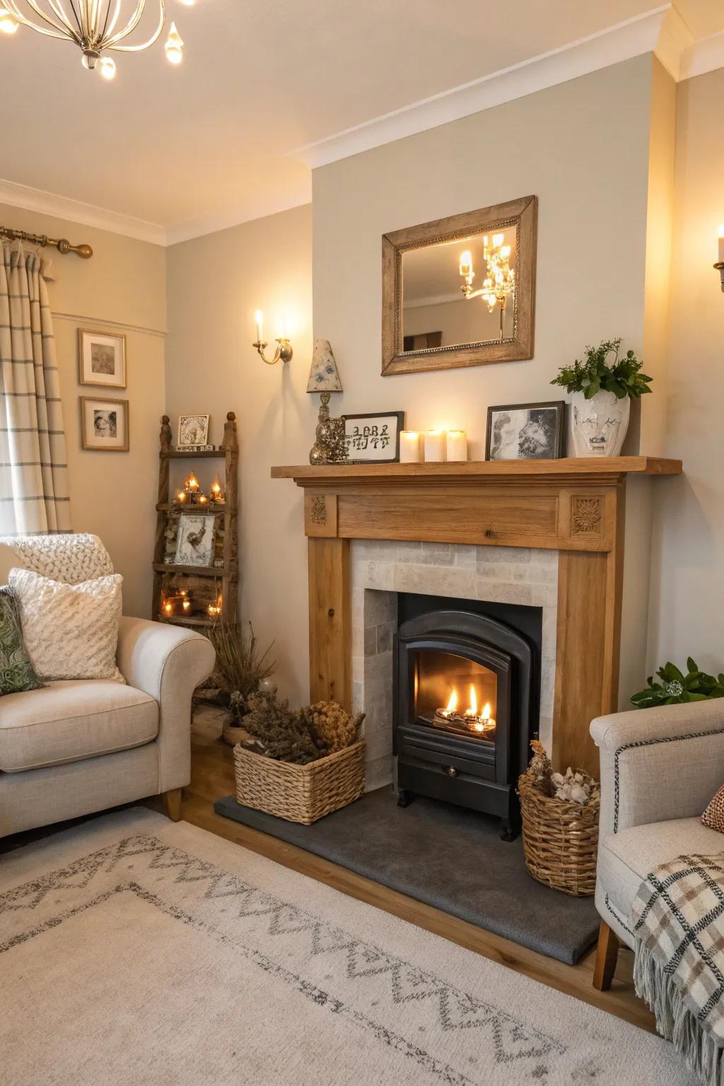Within this small living room, a fireplace acts as a comforting focal point.
