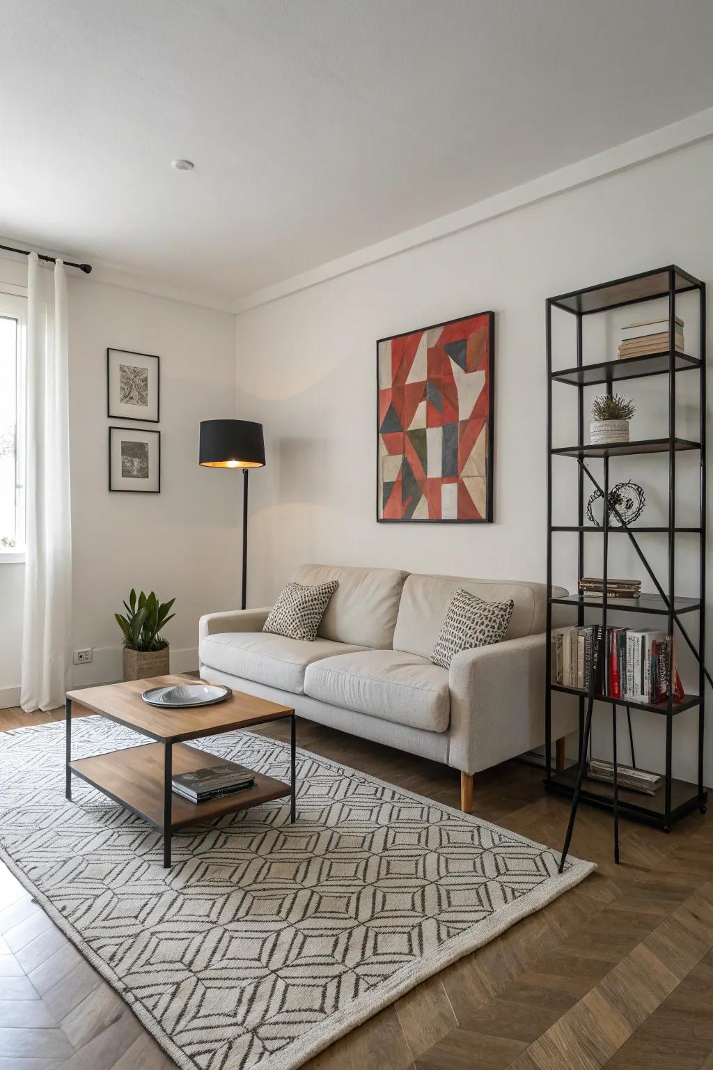 Minimalist decor preserves a clean and fashionable aesthetic within this small living room.