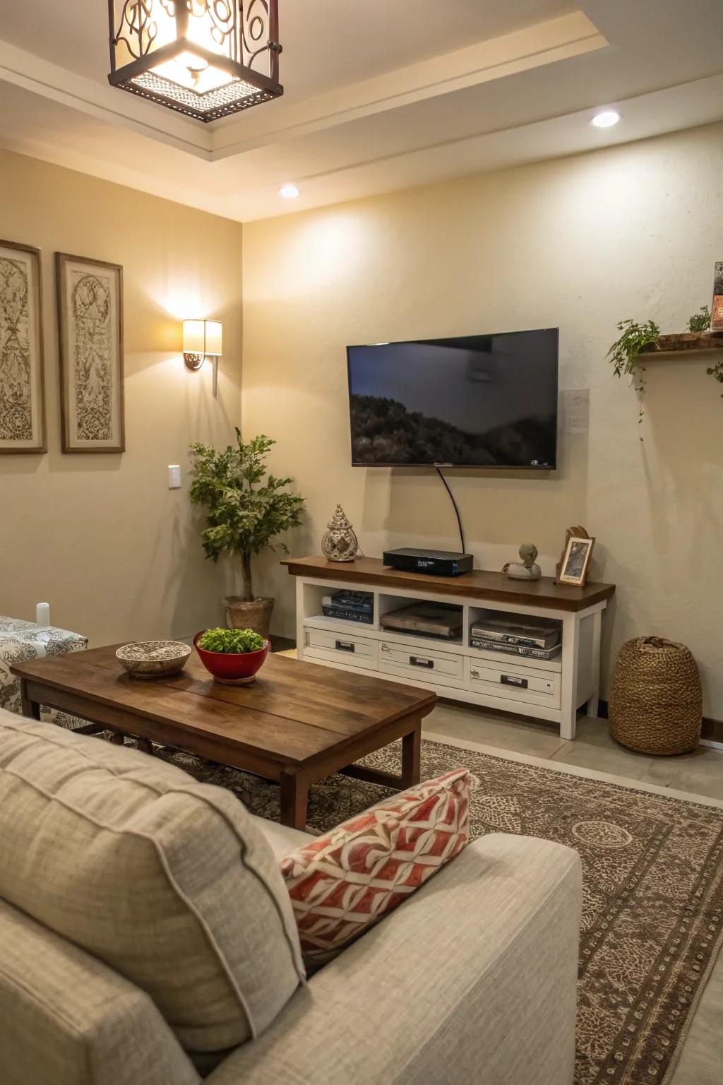 In this small living area, a wall-mounted television frees up valuable surface space.
