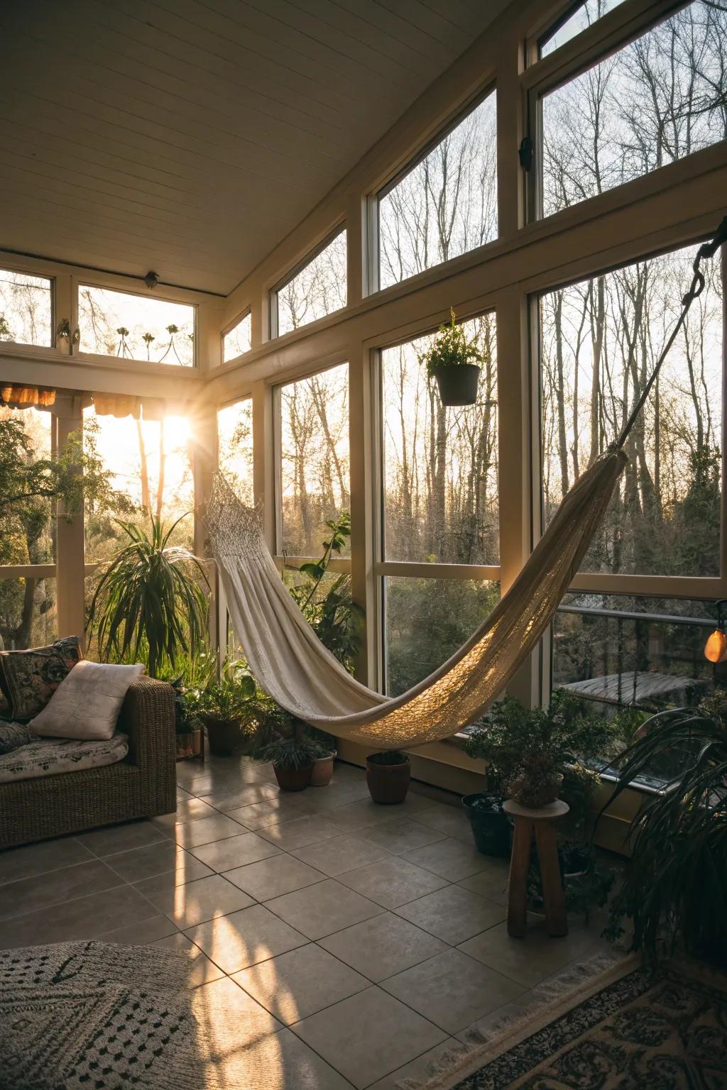 A sunroom showcasing a hammock, the perfect spot for unwinding and relaxing.