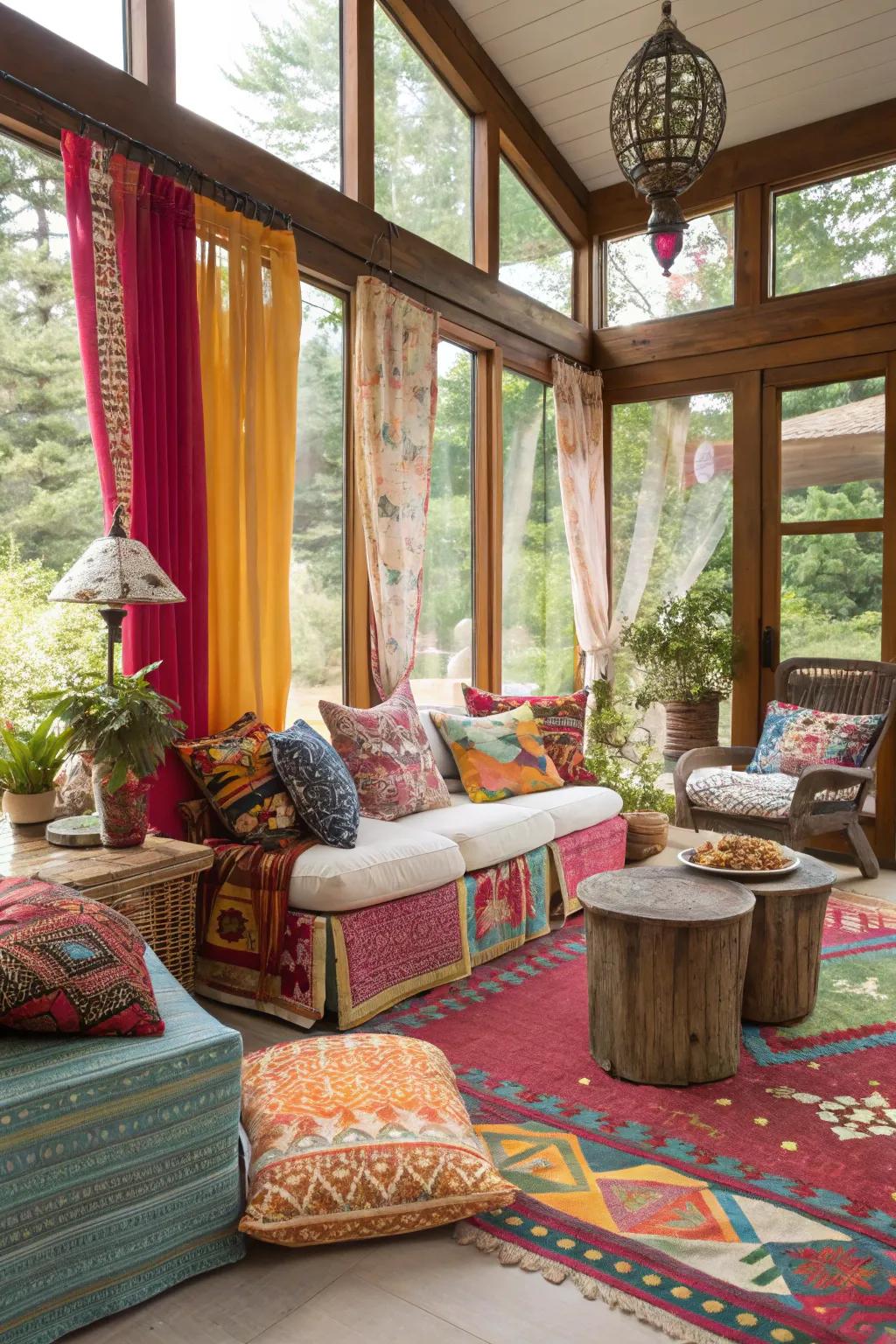 A sunroom radiating artistic allure with vibrant textiles.