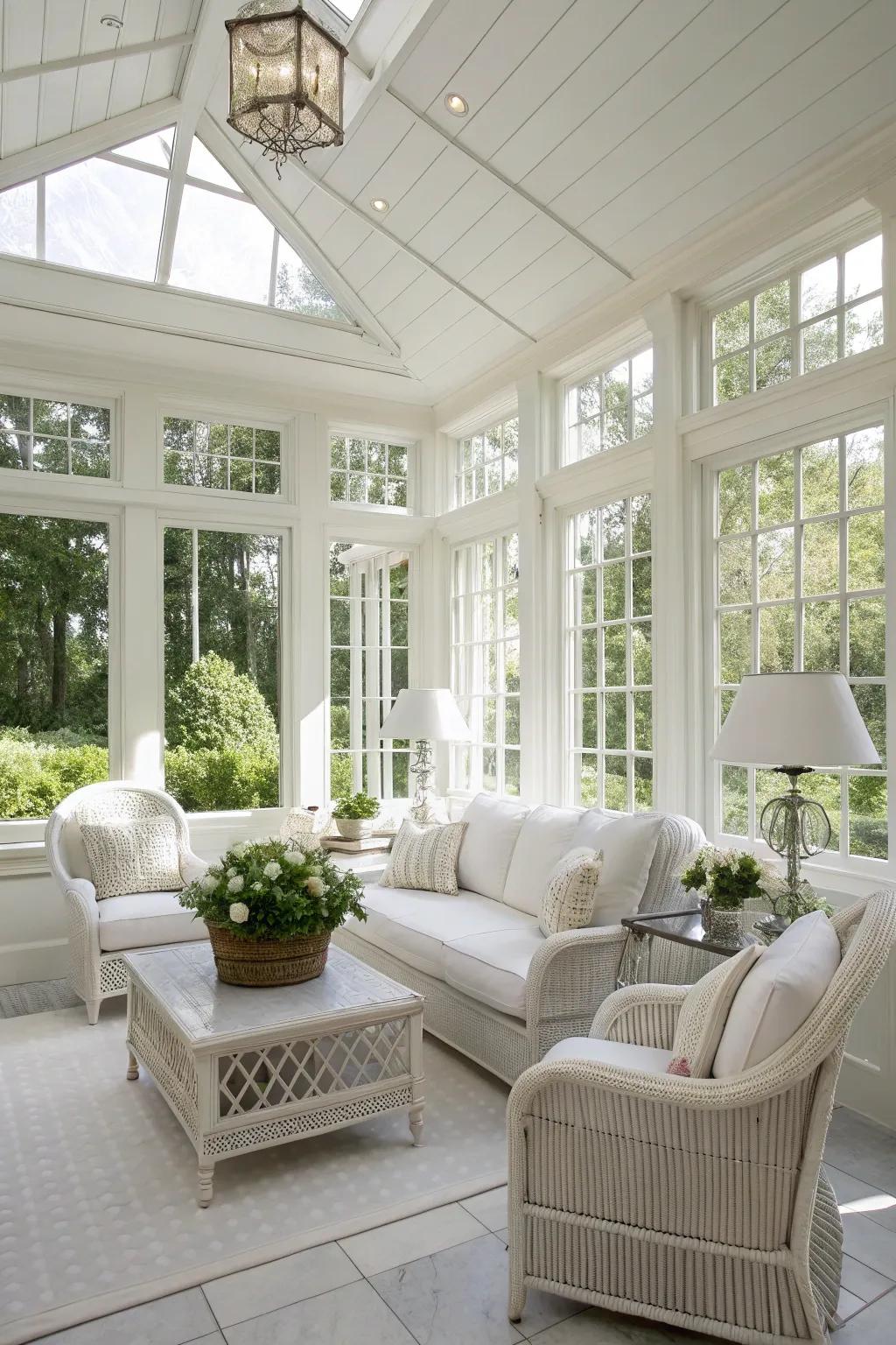 An entirely ivory palette fashions an elegant sunroom.