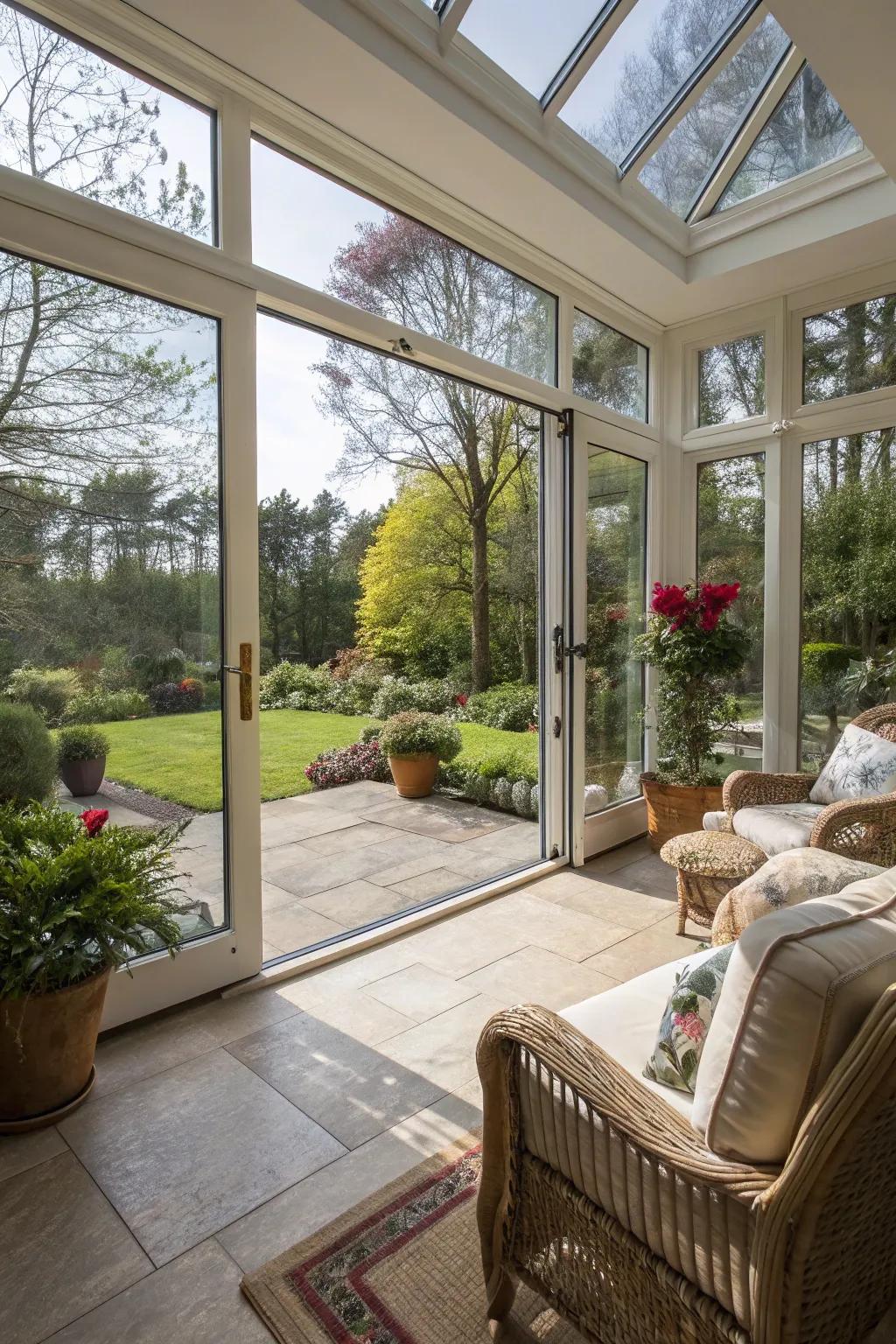 Substantial glass entrance ways pull the outdoors into this sunroom.