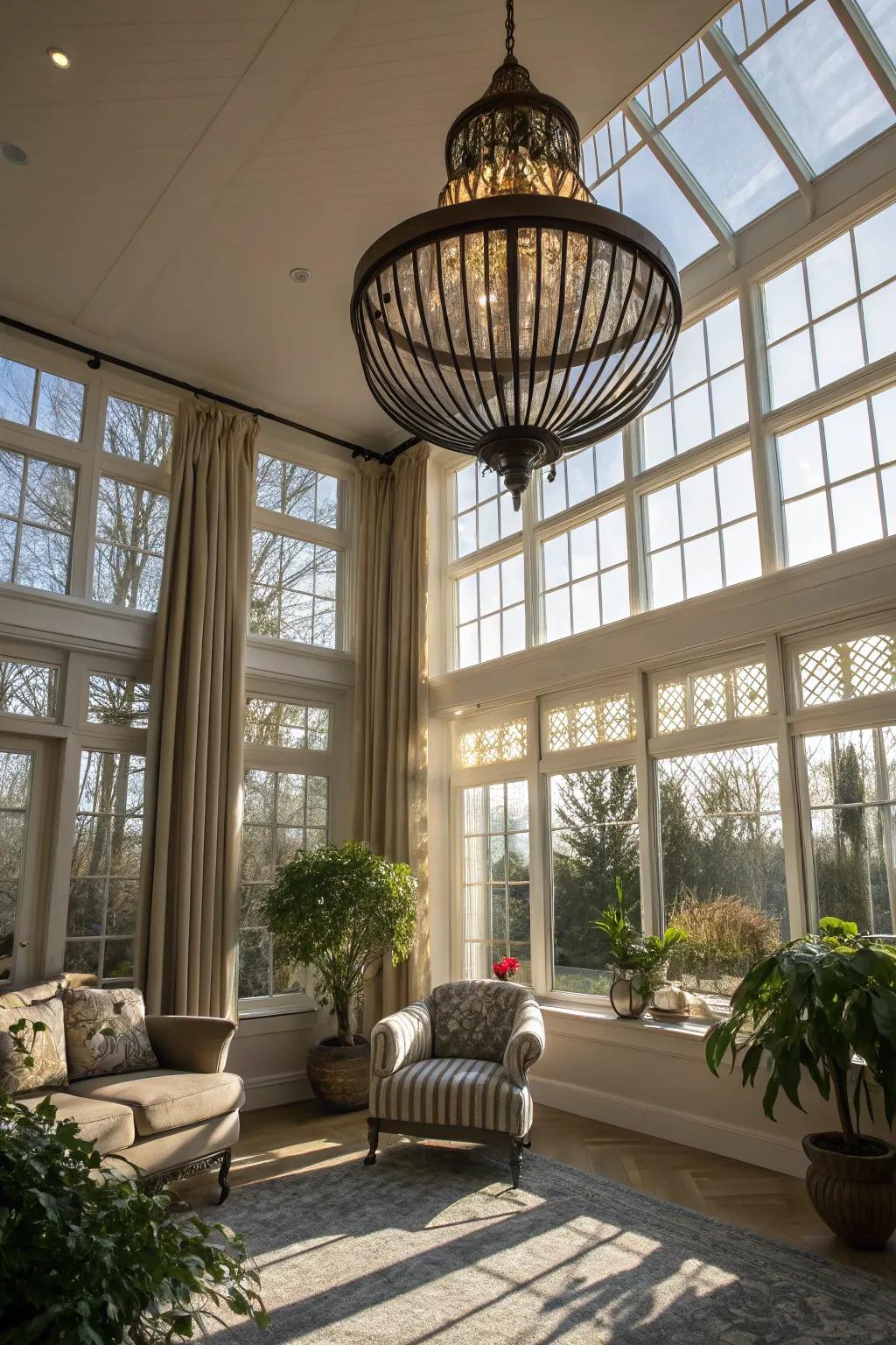 A striking lighting fixture enriches this sunroom's character.