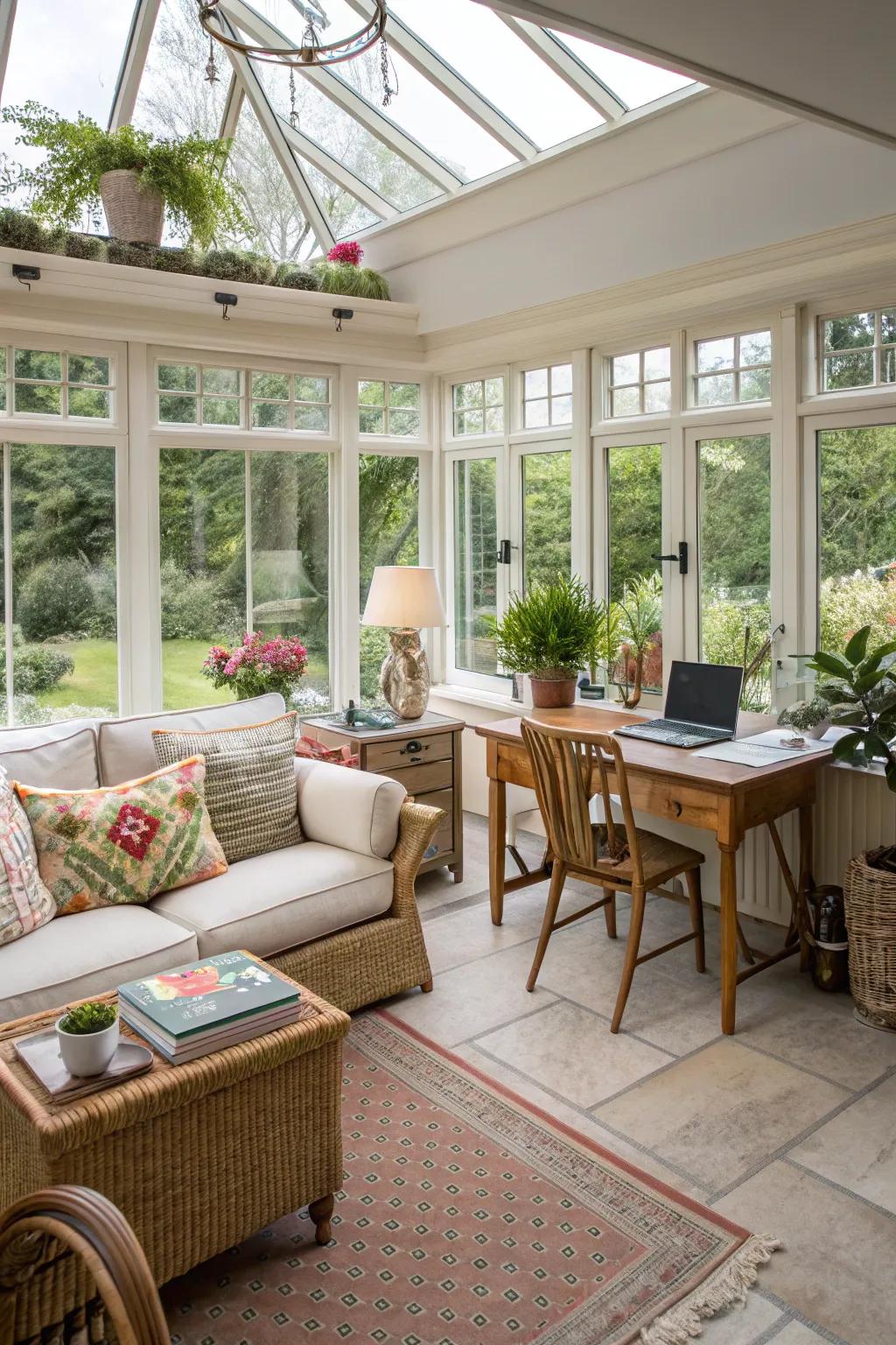 A versatile sunroom conceived for a multitude of uses.