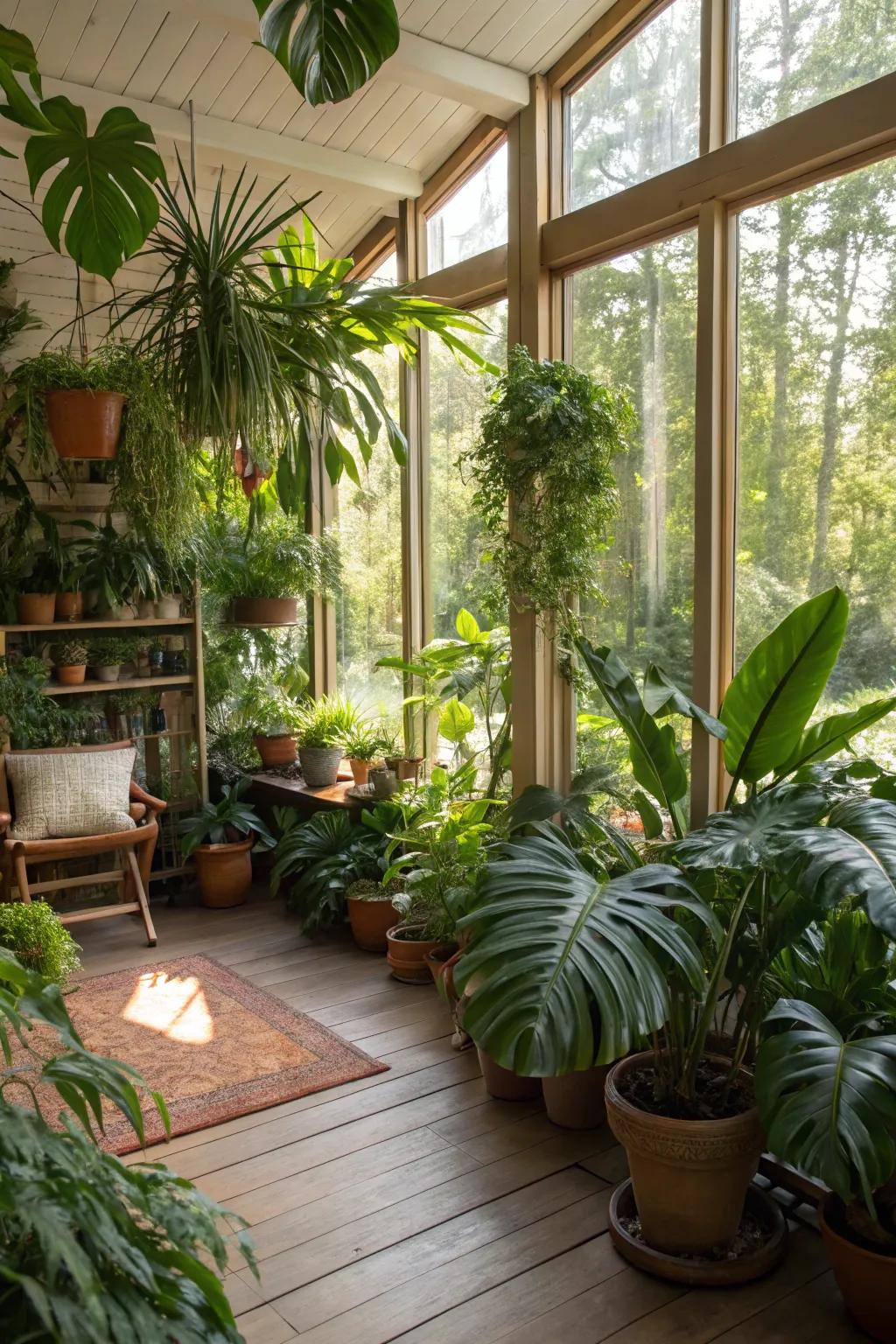A sunroom reimagined as a vibrant indoor garden retreat.