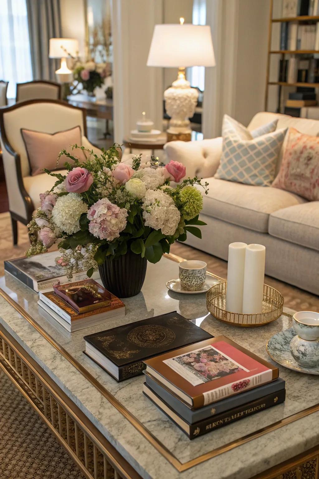 An elegant low table introduces practicality and allure to the sitting room.