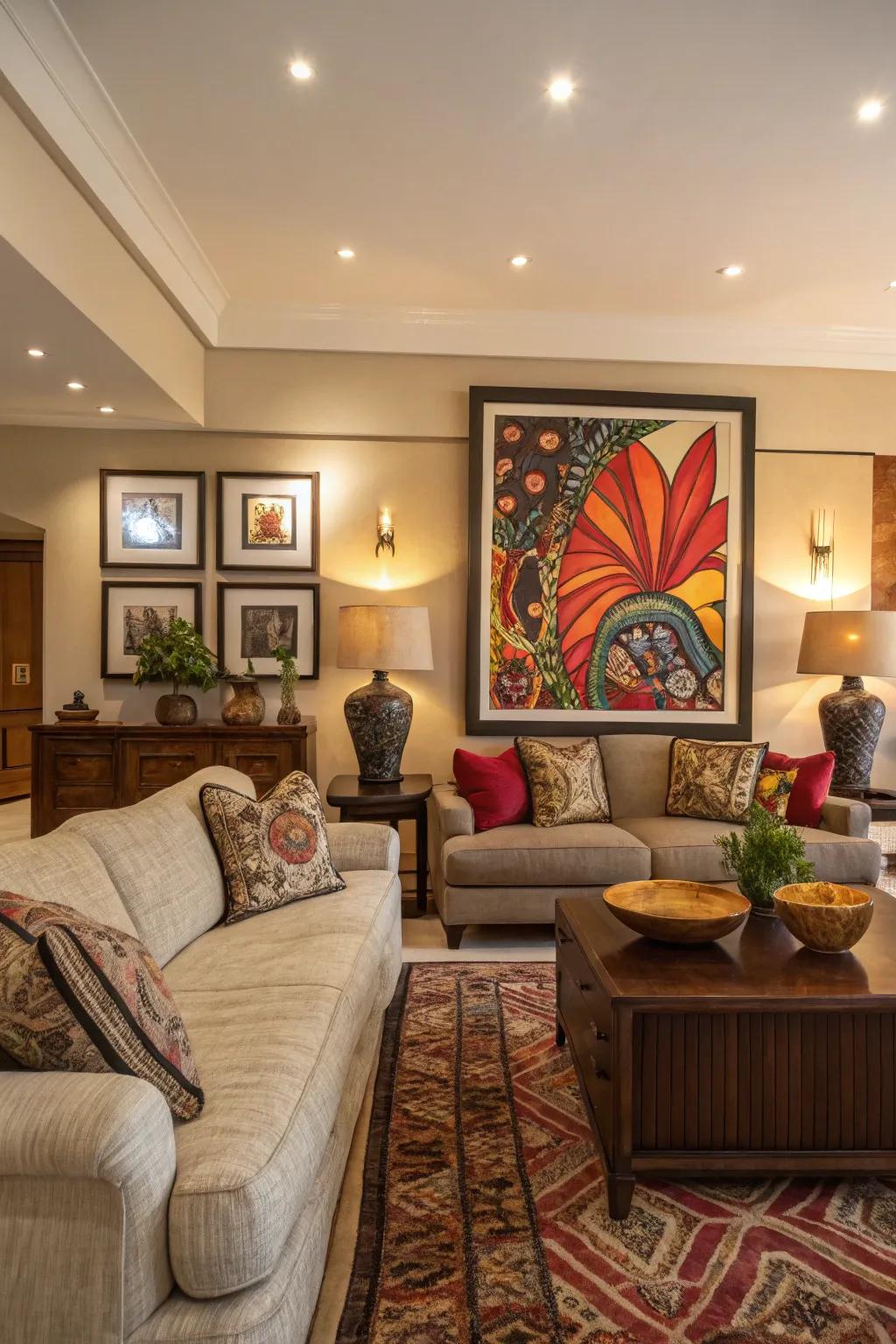 Audacious artwork takes center stage in this fashionable sitting room.