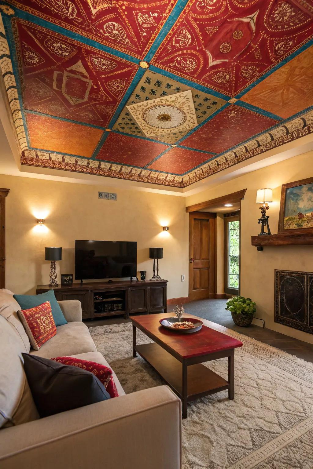 A striking ceiling infuses personality and profundity into the sitting room.