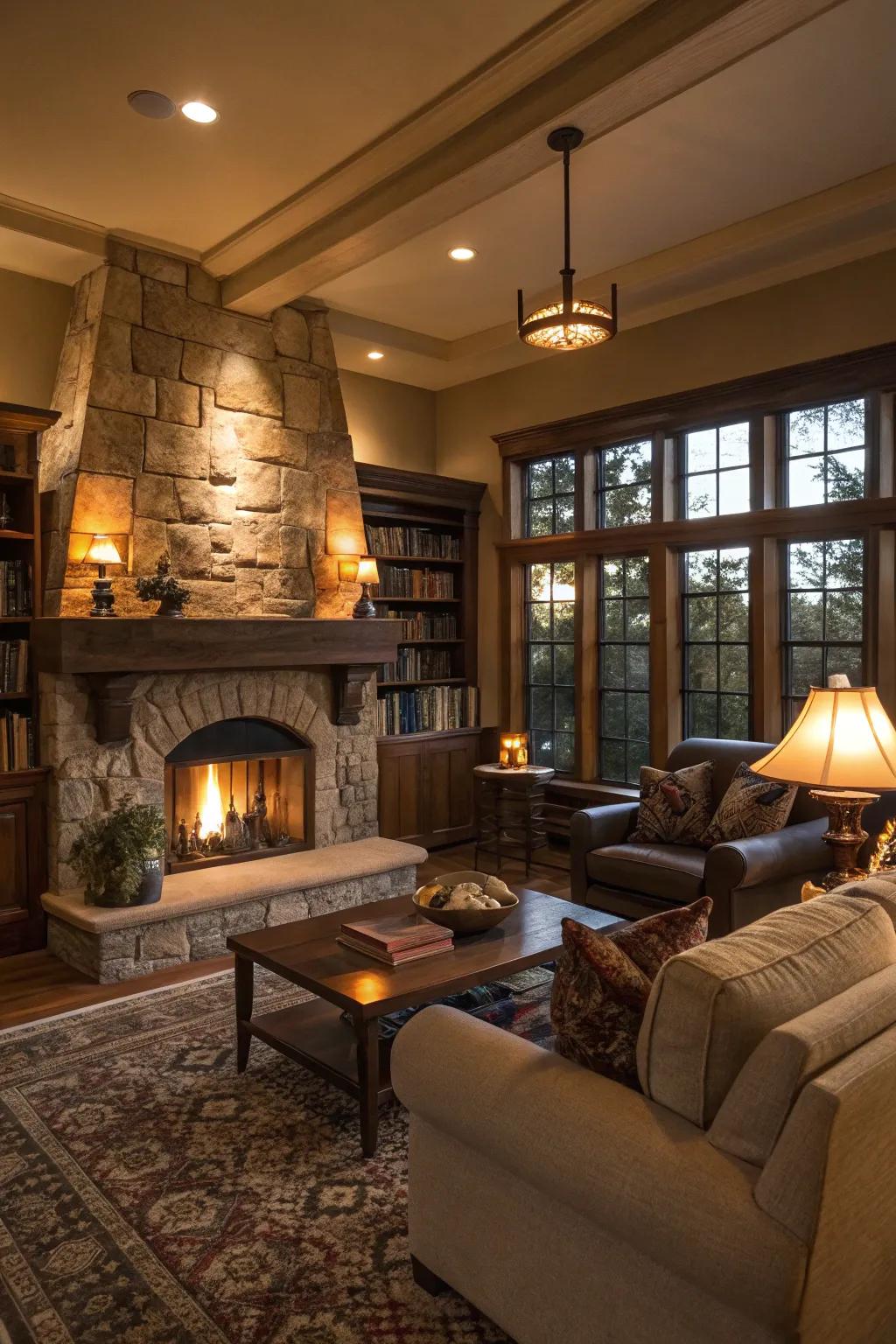 A welcoming and captivating sitting room focused around an exquisite fire pit.