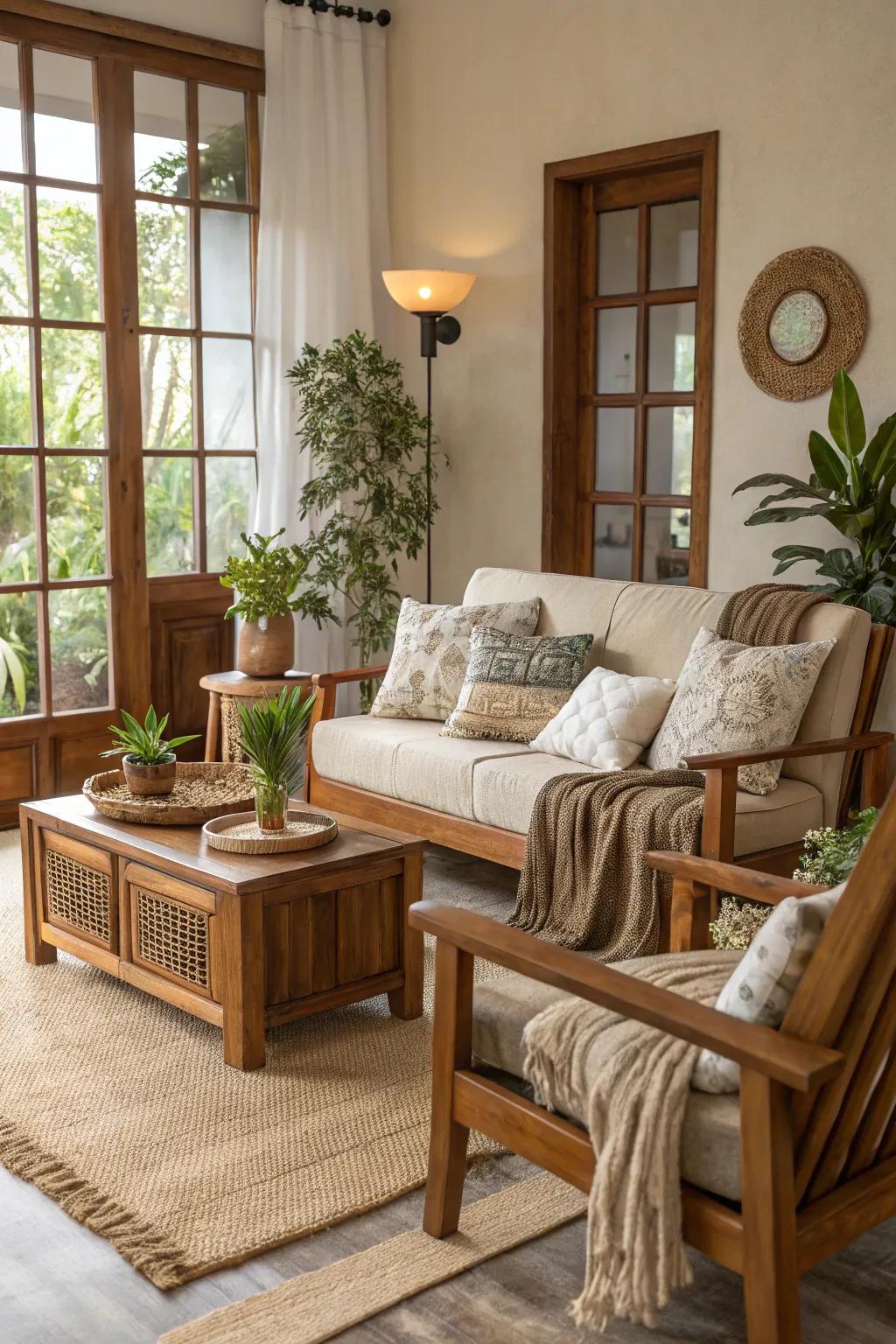 An eco-conscious sitting room that unites style with sustainability.