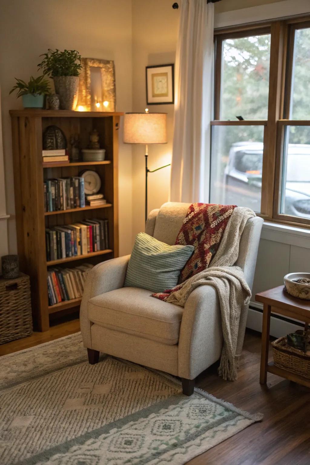 A reading corner in the sitting room presents a quintessential spot for leisure.
