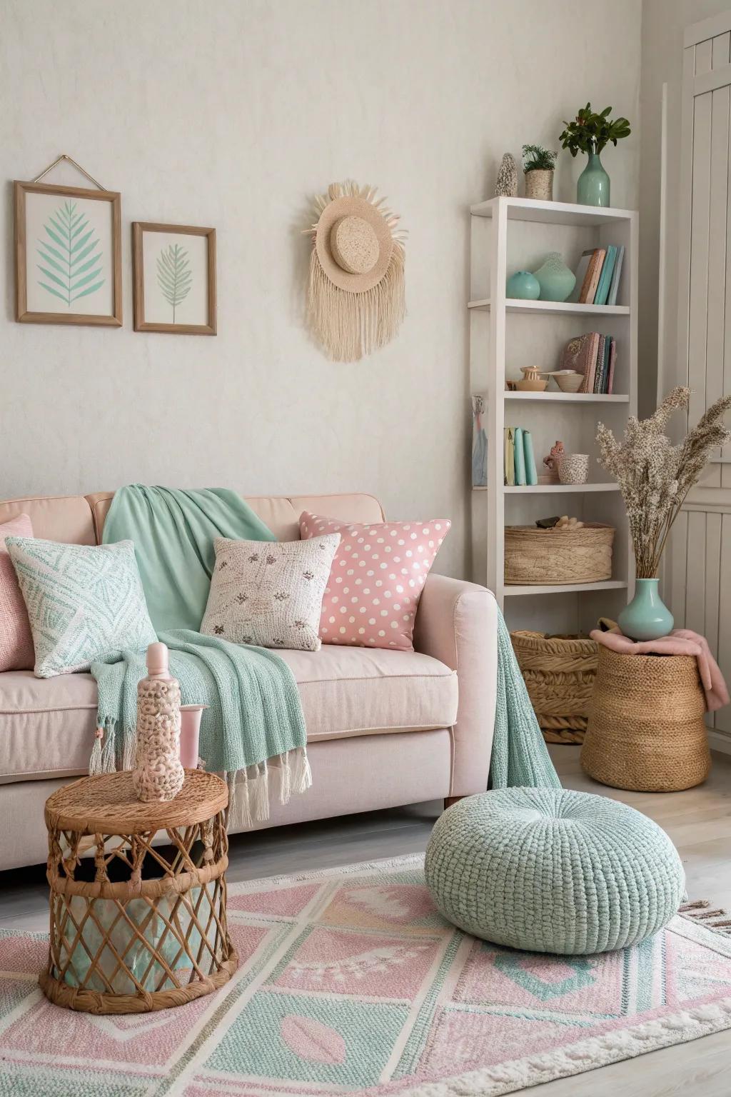 Pastel impressions impart a gentle and inviting sensation to the sitting room.