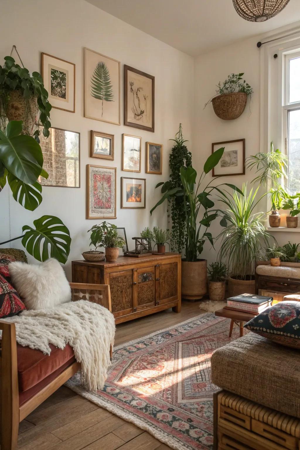 Elevating the sitting room through artistic elements and plant life for a vibrant atmosphere.