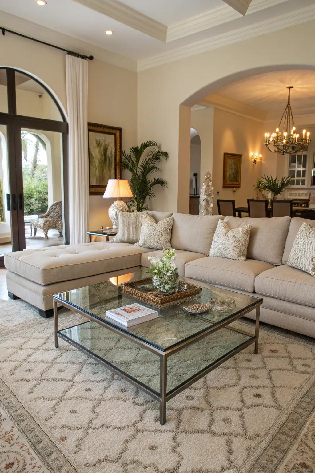 A glass coffee table lightens up the space, complementing the sectional gracefully.
